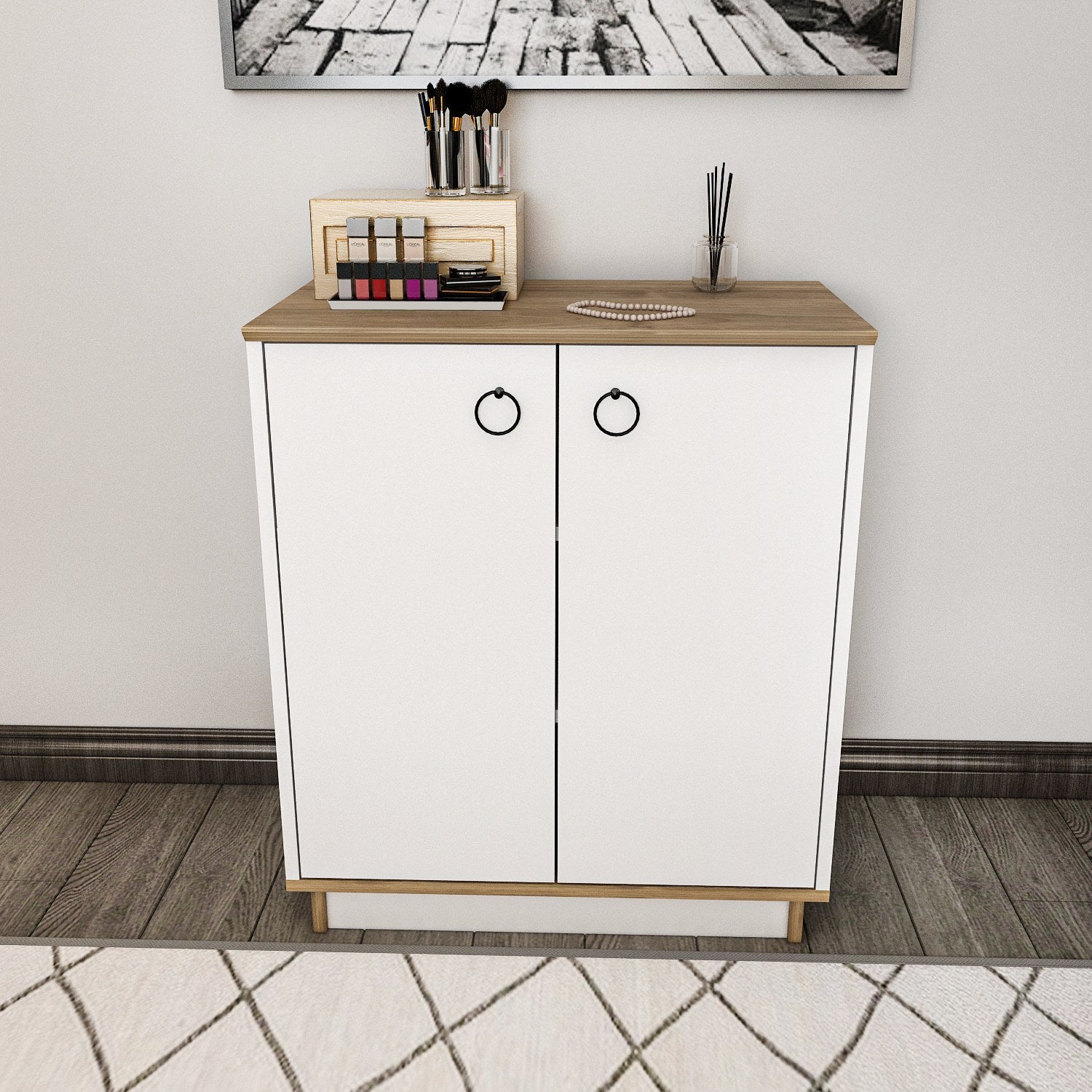 Aparador Elegante, Branco e Nogueira, 72 cm x 83,1 cm x 42 cm | Painel de Partículas 100% Revestido em Melamina, 18 mm de Espessura | Perfeita para Espaços Modernos