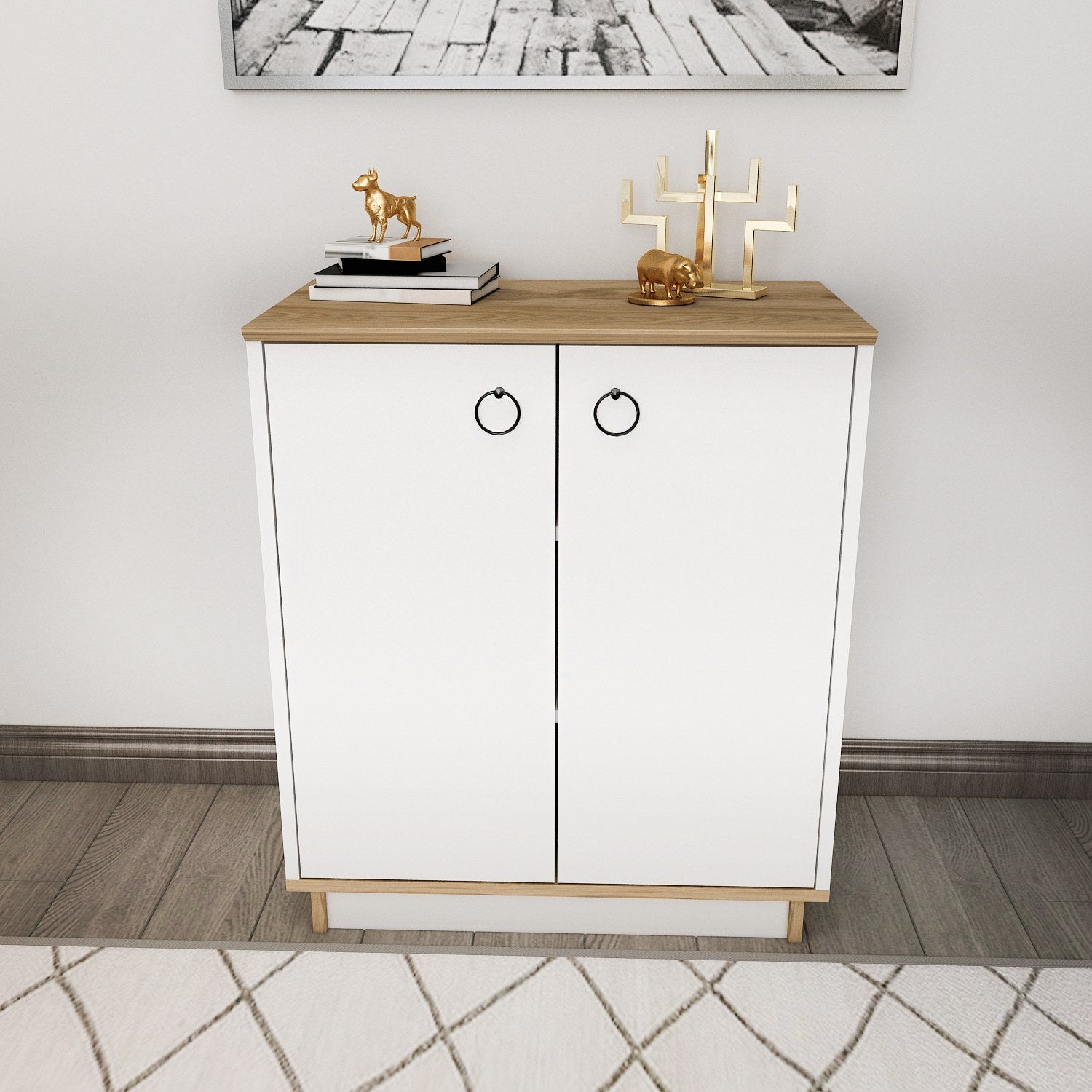 Aparador Elegante, Branco e Carvalho, 72 cm x 83,1 cm x 42 cm | Painel de Partículas 100% Revestido com Melamina, 18 mm de Espessura | Perfeita para Salas de Estar e Corredores Modernos