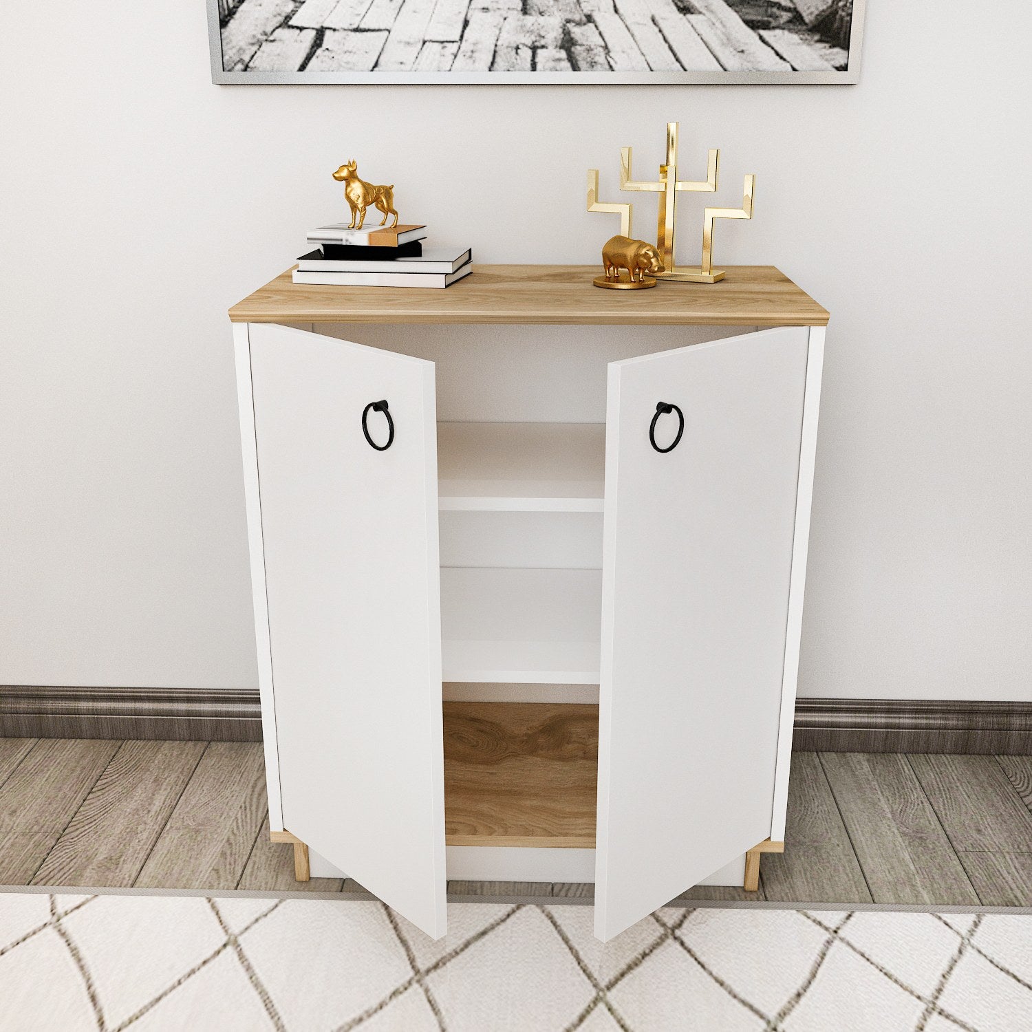 Aparador Elegante, Branco e Carvalho, 72 cm x 83,1 cm x 42 cm | Painel de Partículas 100% Revestido com Melamina, 18 mm de Espessura | Perfeita para Salas de Estar e Corredores Modernos