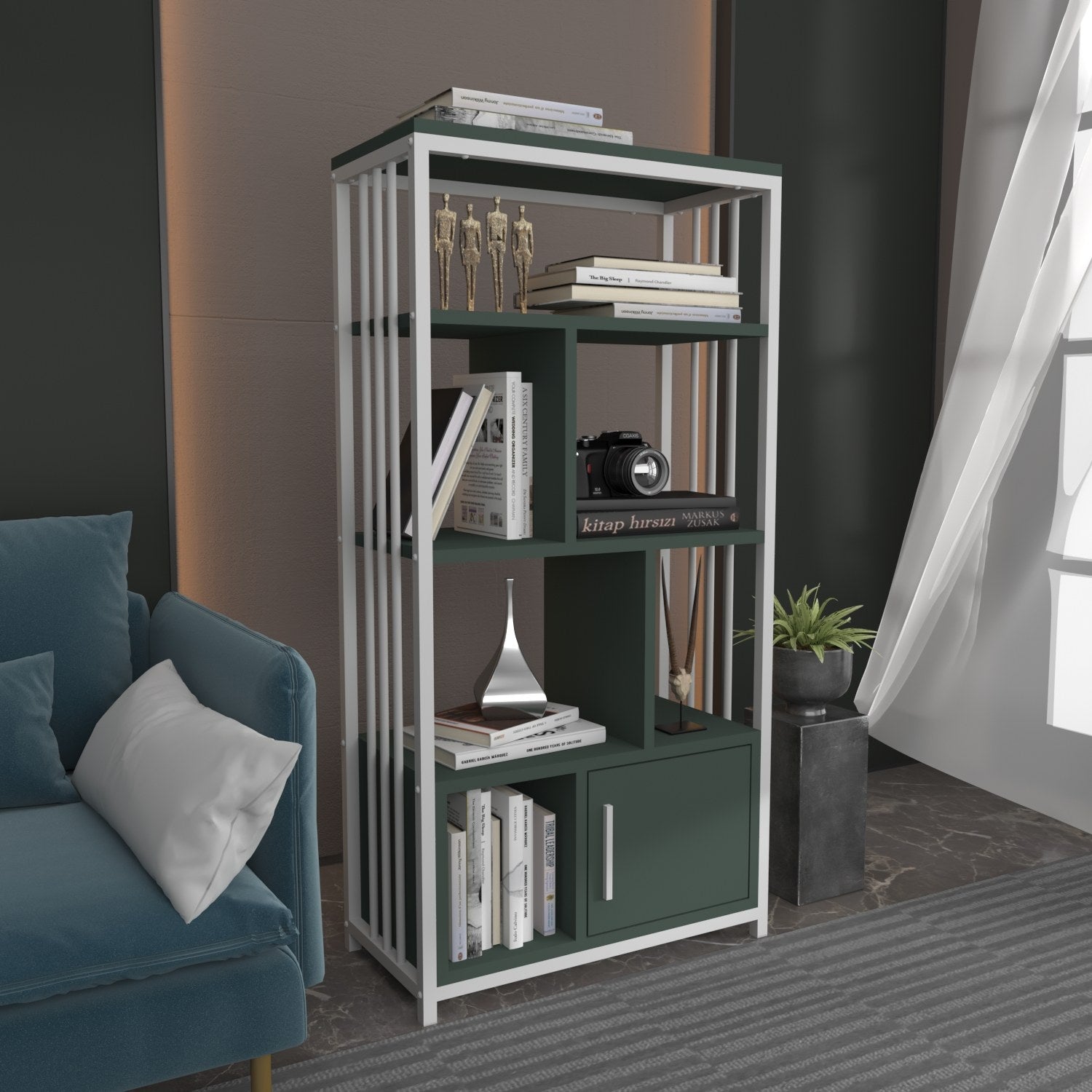 Estante elegante em verde e branco, 60 cm x 120 cm x 29,6 cm | Painel de partículas 100% revestido em melamina, 18 mm de espessura | Perfeita para decoração moderna de casa e escritório