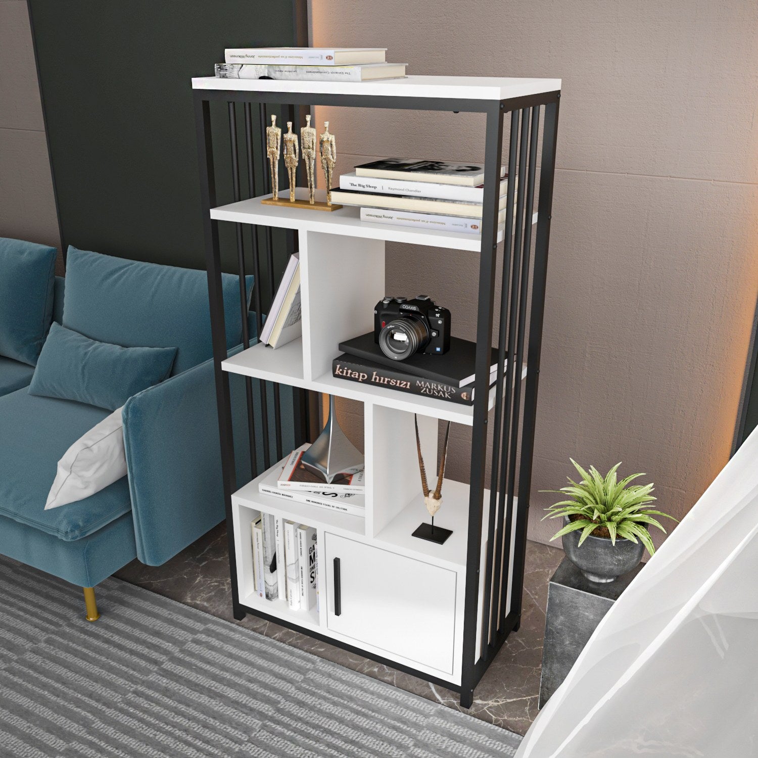Estante estilosa, branca e preta, 60 x 120 x 29,6 cm | Painel de partículas 100% revestido em melamina, 18 mm de espessura | Perfeita para decoração moderna de casa e escritório