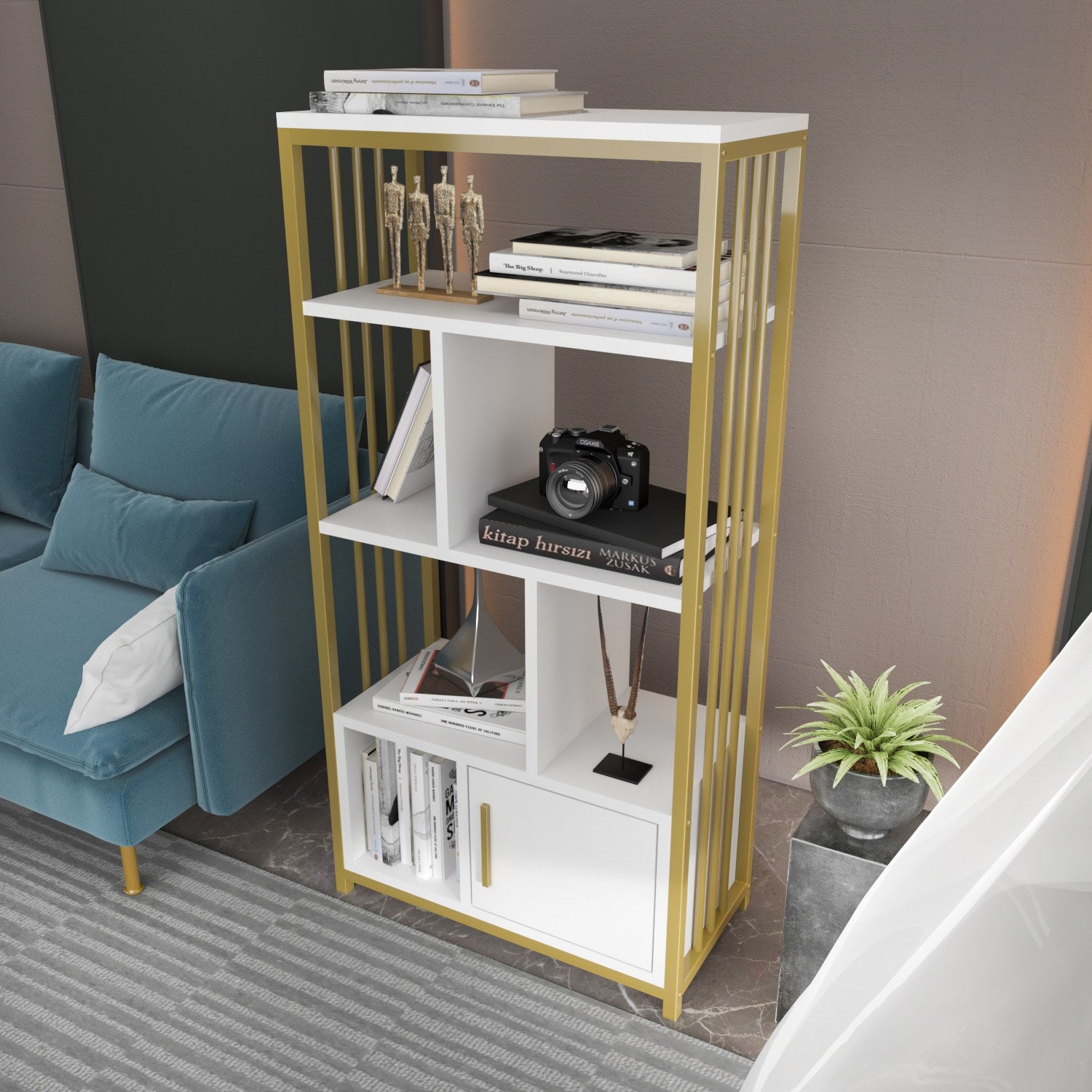 Estante elegante em branco e dourado, 60 cm x 120 cm x 29,6 cm | Painel de partículas 100% revestido em melamina, 18 mm de espessura | Armazenamento elegante para casas modernas