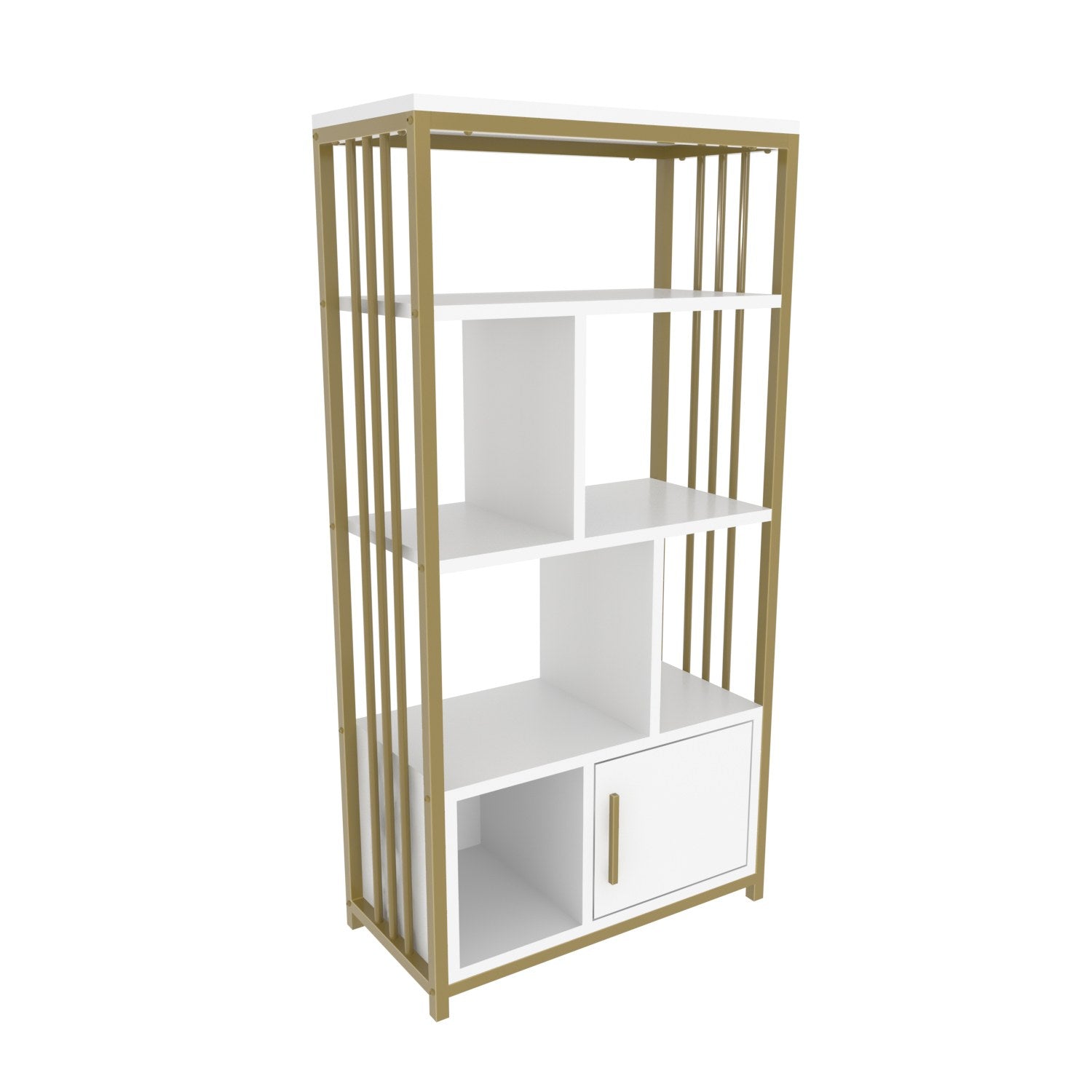 Estante elegante em branco e dourado, 60 cm x 120 cm x 29,6 cm | Painel de partículas 100% revestido em melamina, 18 mm de espessura | Armazenamento elegante para casas modernas