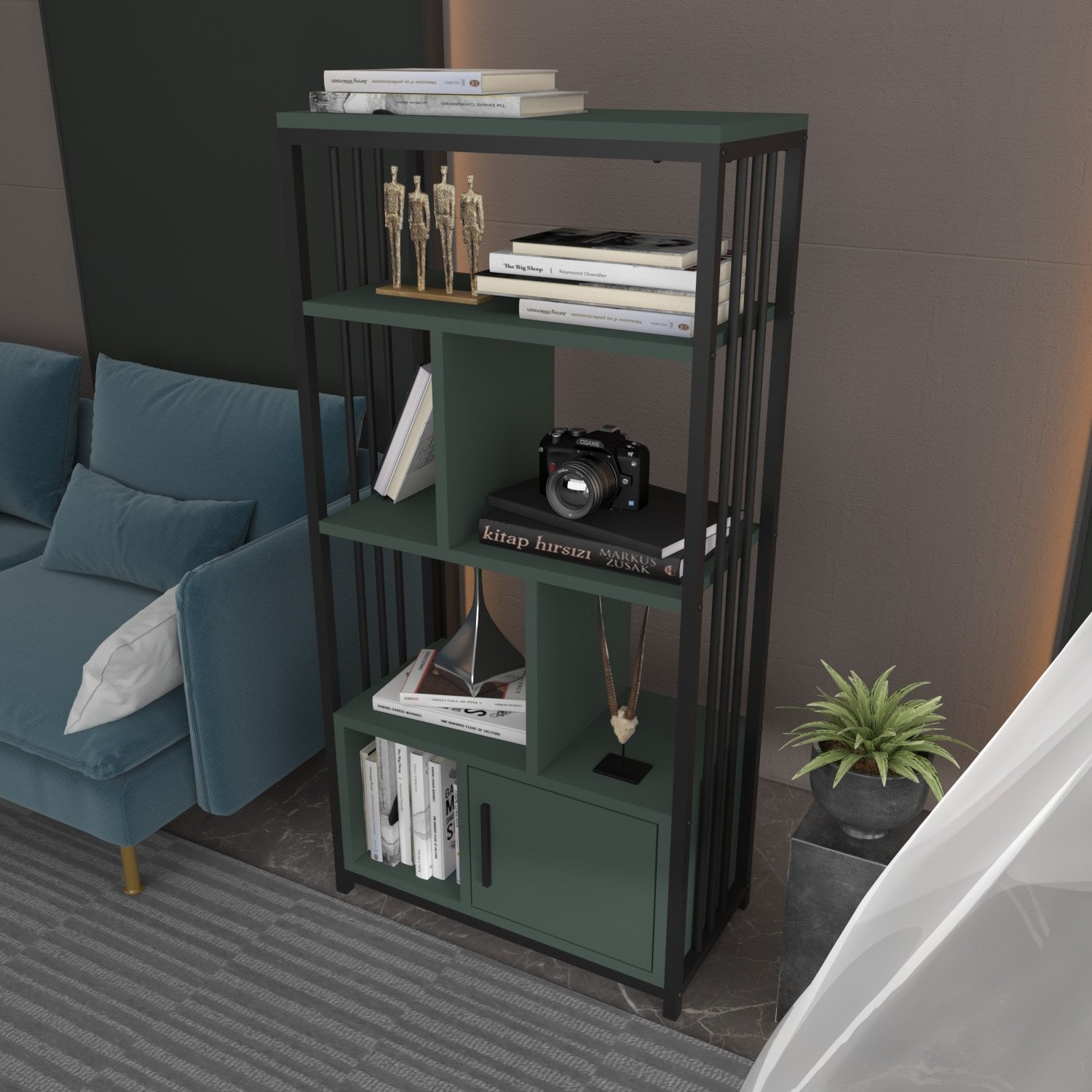 Estante elegante em preto e verde, 60 cm x 120 cm x 29,6 cm | Painel de partículas 100% revestido em melamina, 18 mm de espessura | Perfeita para decoração moderna de casa e escritório
