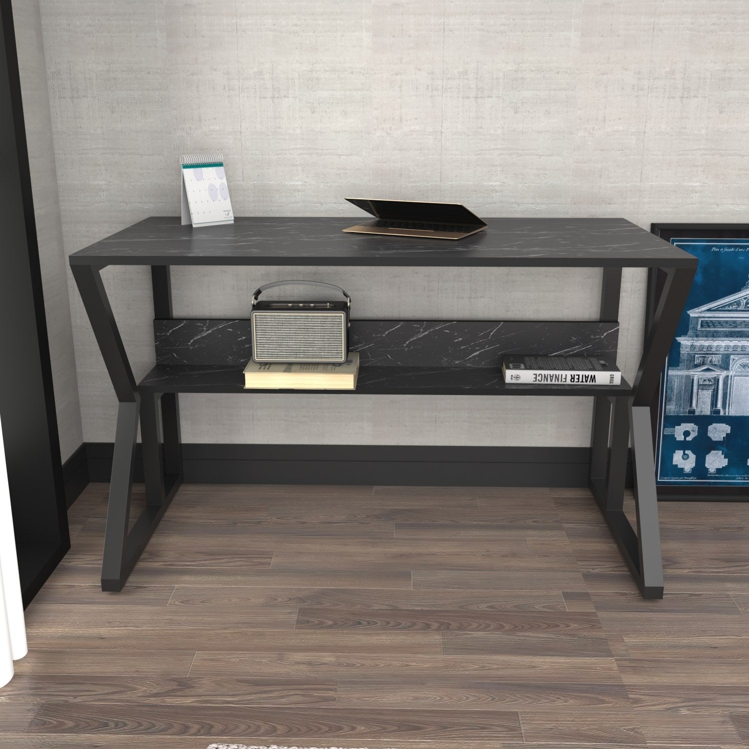 Secretária de Estudo/Escritório Elegante, Mármore e Preto, 120 x 60 x 72,8 cm | Painel de Partículas 100% Revestido em Melamina, 18 mm de Espessura | Perfeita para Escritórios e Salas de Estudo Modernos