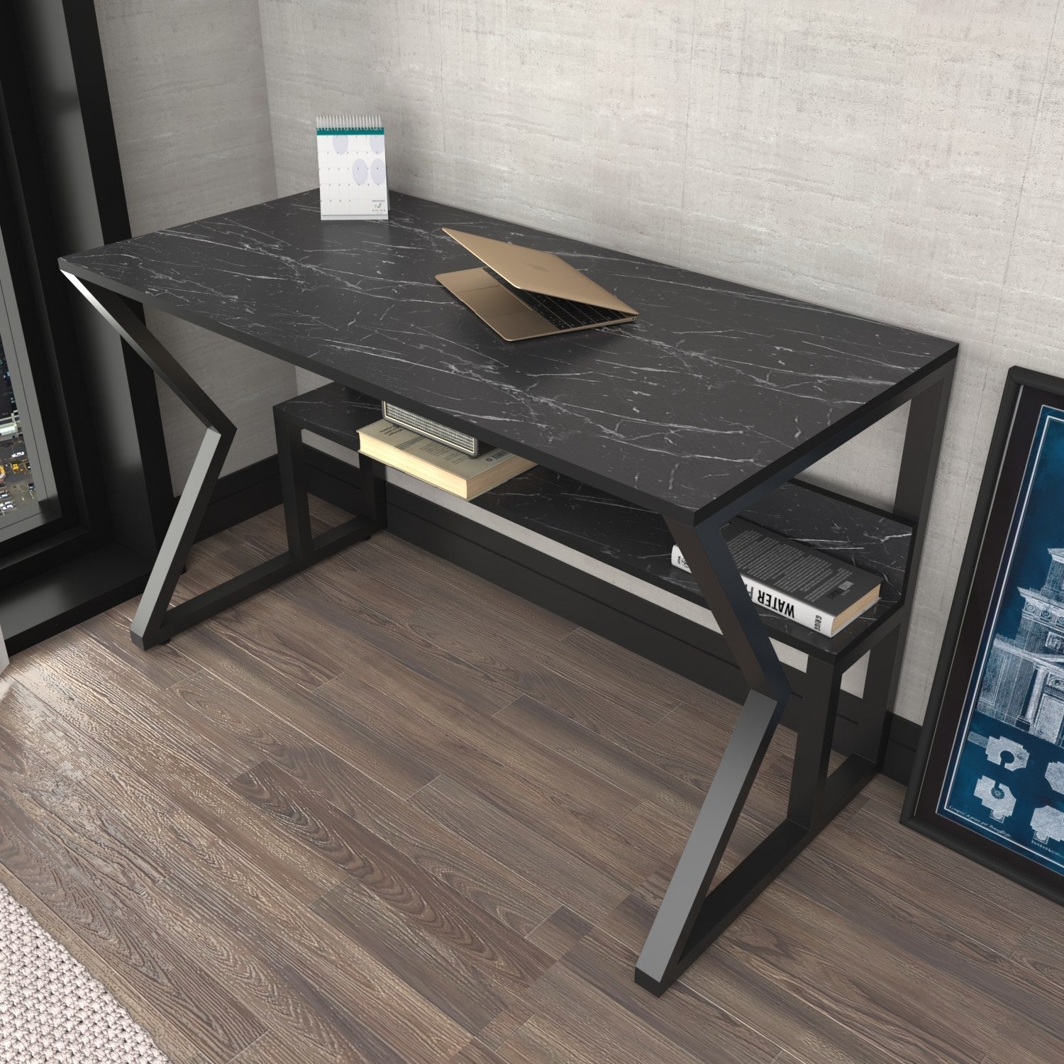 Secretária de Estudo/Escritório Elegante, Mármore e Preto, 120 x 60 x 72,8 cm | Painel de Partículas 100% Revestido em Melamina, 18 mm de Espessura | Perfeita para Escritórios e Salas de Estudo Modernos