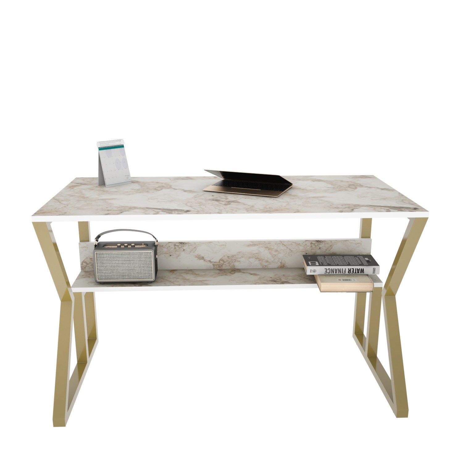 Secretária de Estudo/Escritório Elegante, Branca e Dourada, 120 x 60 x 72,8 cm | Painel de Partículas 100% Revestido em Melamina, 18 mm de Espessura | Perfeita para Escritórios e Salas de Estudo Modernos