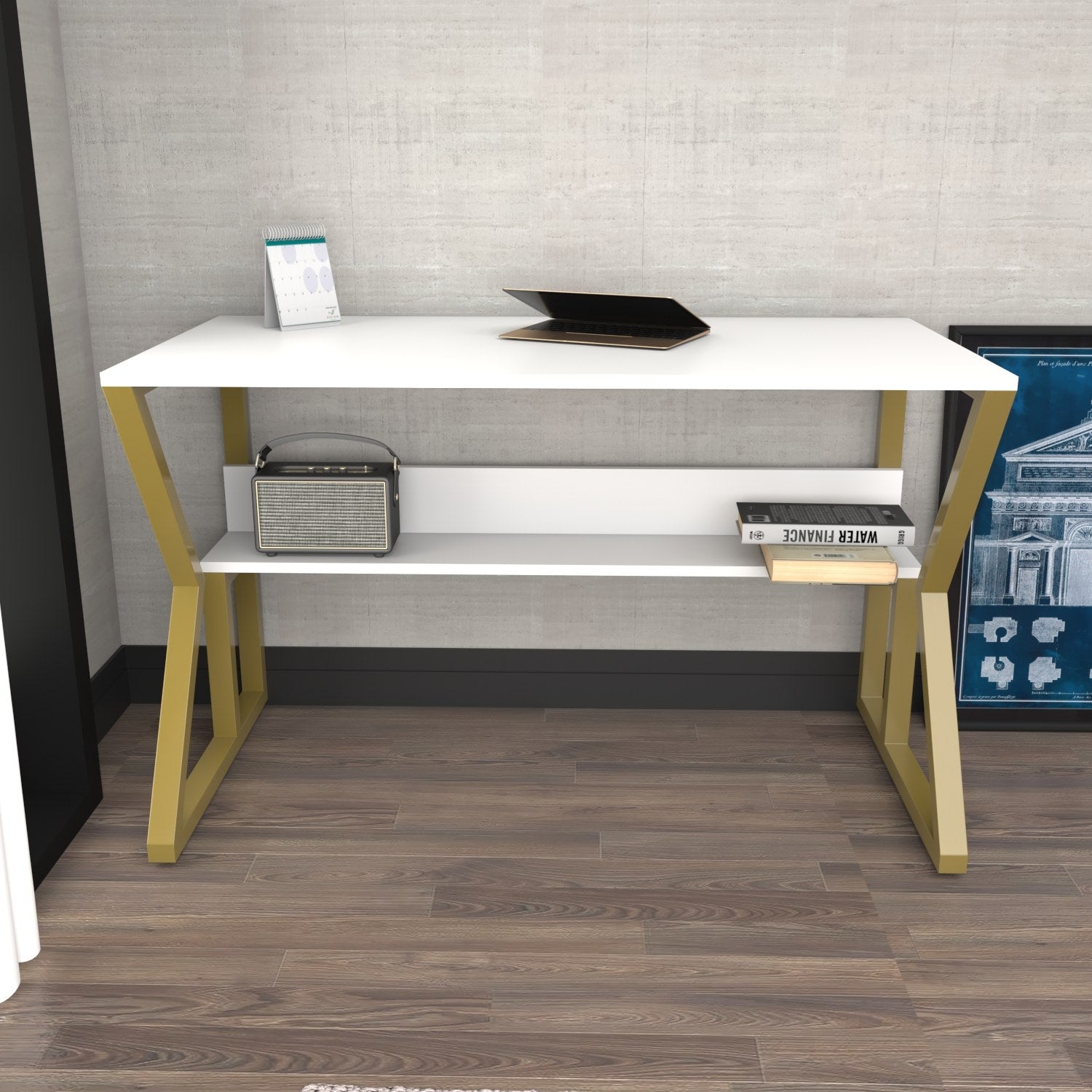Secretária de Estudo/Escritório Elegante, Branca e Dourada, 120 x 60 x 72,8 cm | Painel de Partículas 100% Revestido em Melamina, 18 mm de Espessura | Perfeita para Escritórios e Salas de Estudo Modernos