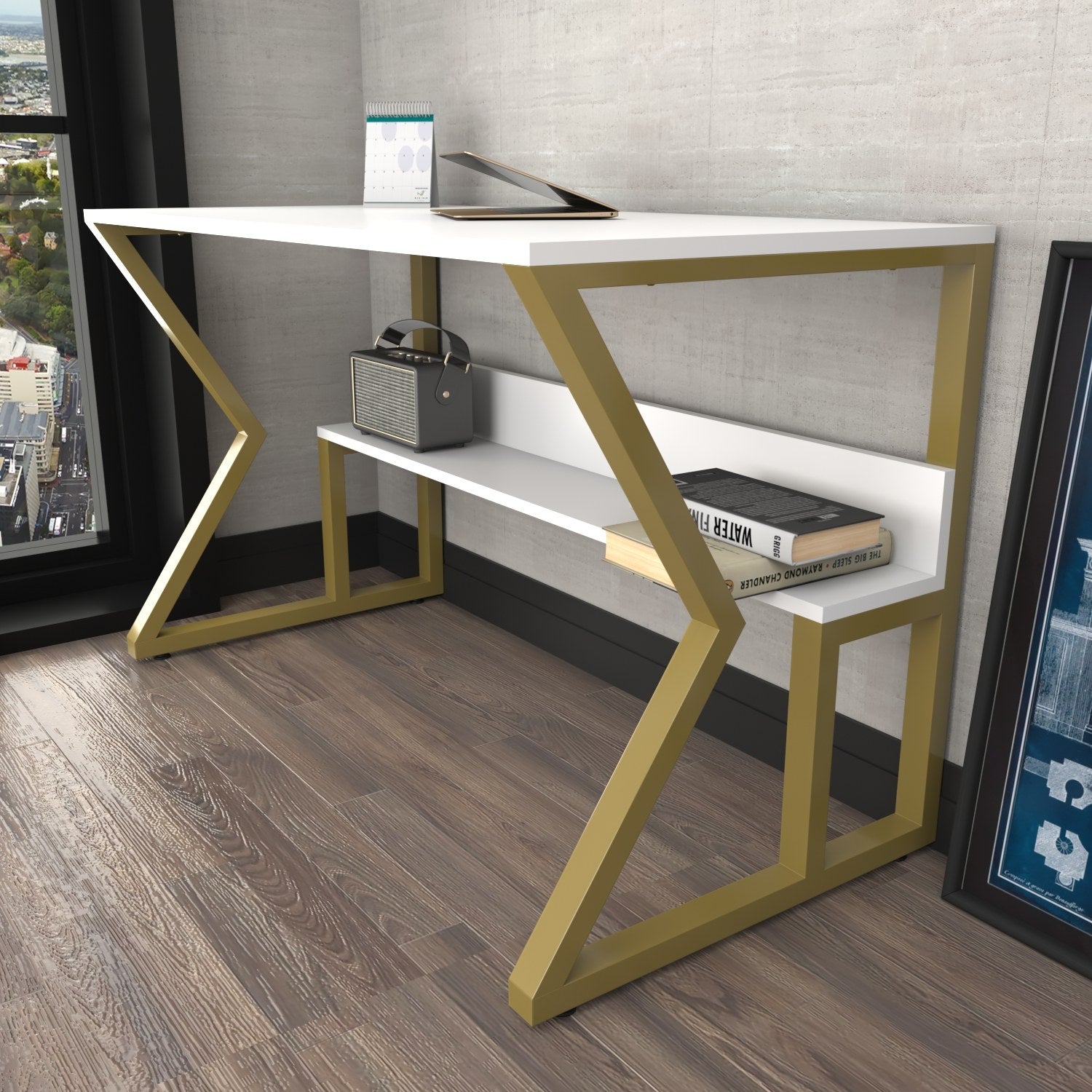 Secretária de Estudo/Escritório Elegante, Branca e Dourada, 120 x 60 x 72,8 cm | Painel de Partículas 100% Revestido em Melamina, 18 mm de Espessura | Perfeita para Escritórios e Salas de Estudo Modernos