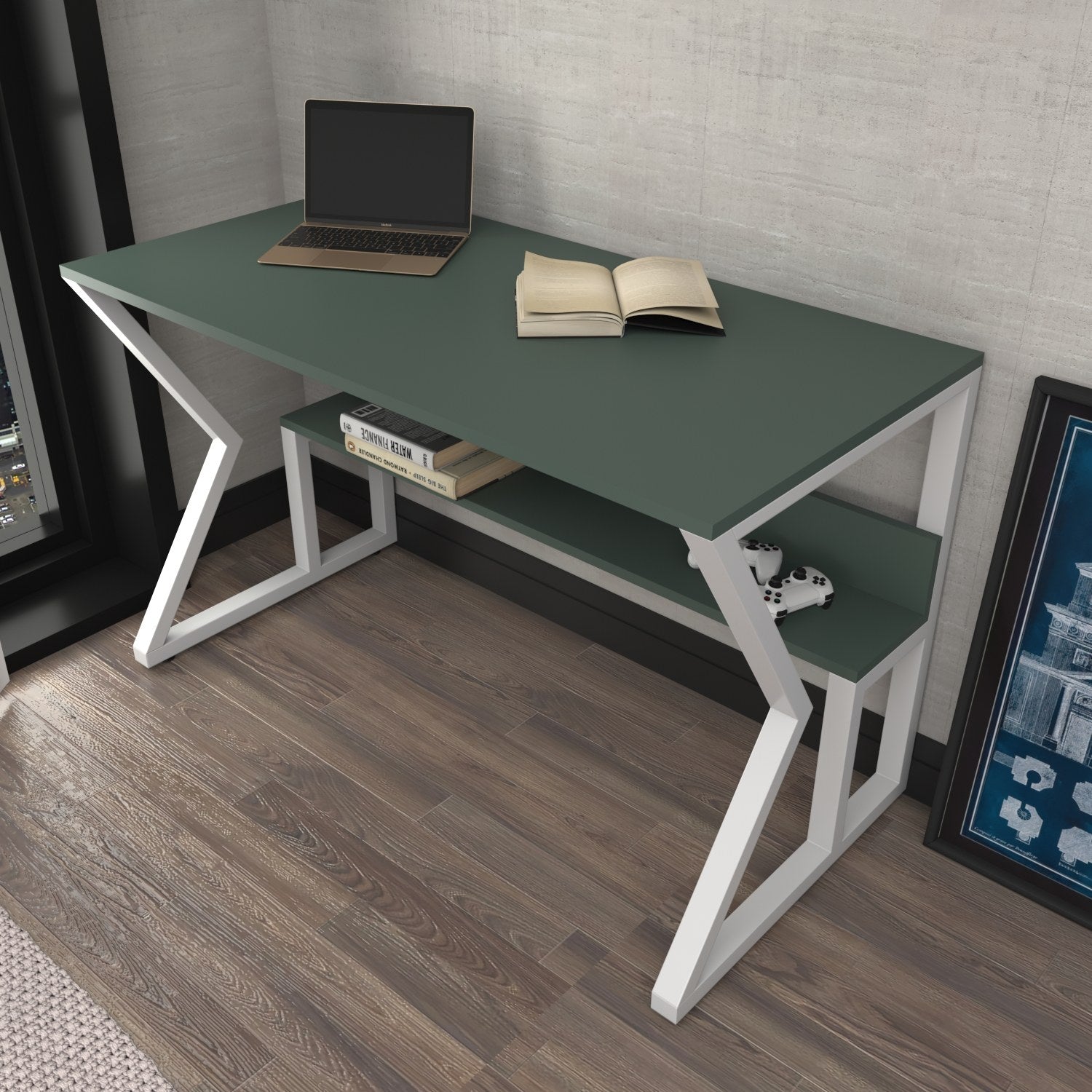 Secretária de Estudo/Escritório Elegante, Verde e Branca, 120 x 72,8 x 60 cm | Painel de Partículas 100% Revestido em Melamina, 18 mm de Espessura | Perfeita para Escritórios e Salas de Estudo Modernos