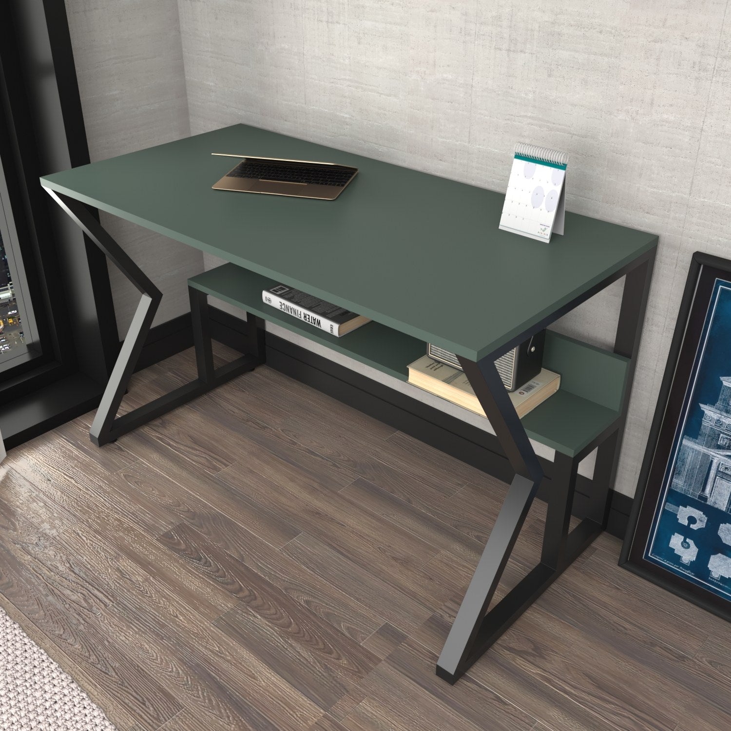 Secretária de Estudo/Escritório Elegante, Verde e Preta, 120 x 60 x 72,8 cm | Painel de Partículas 100% Revestido em Melamina, 18 mm de Espessura | Perfeita para Escritórios e Salas de Estudo Modernos