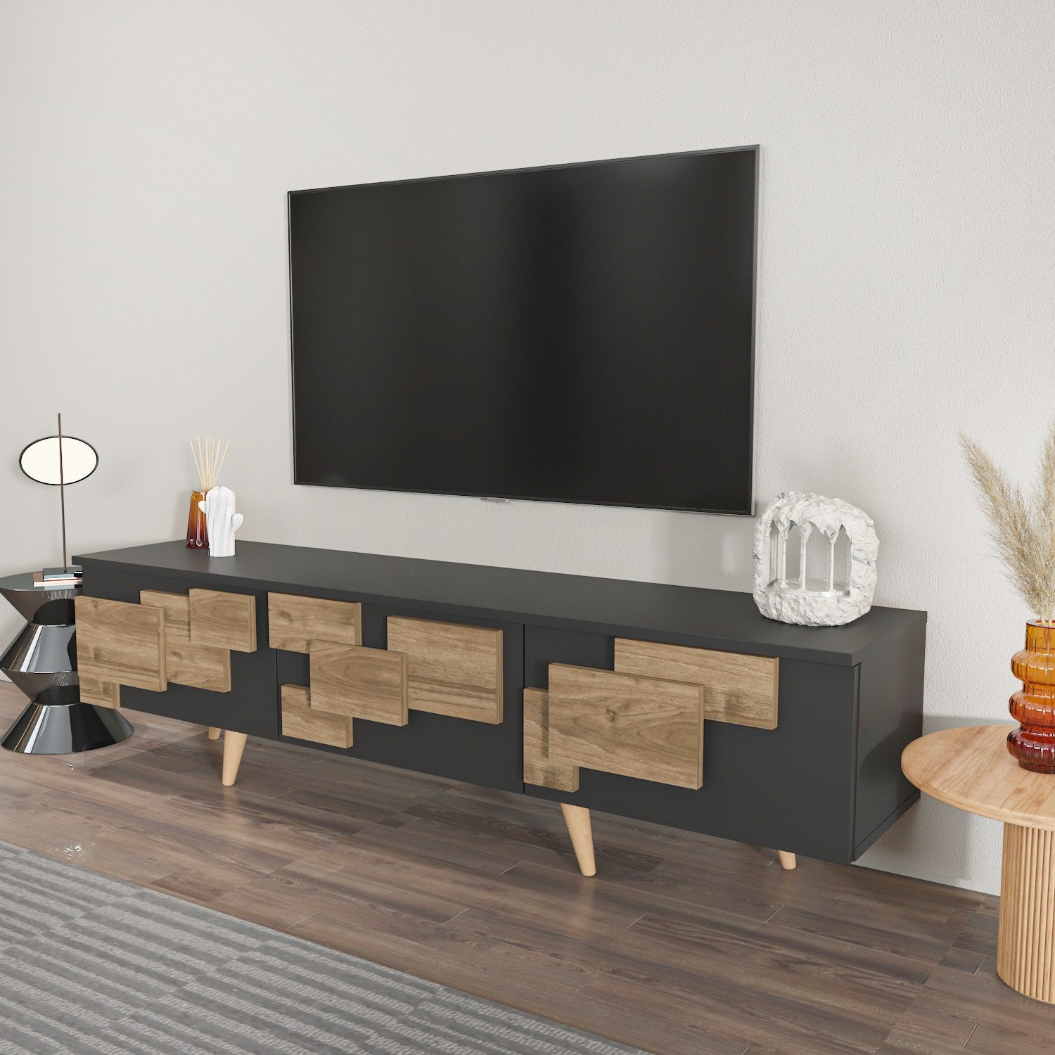 Suporte de TV elegante, antracite e nogueira, 160 x 45 x 35 cm | Painel de partículas 100% revestido de melamina, 18 mm de espessura | Design moderno para salas de estar e espaços de entretenimento
