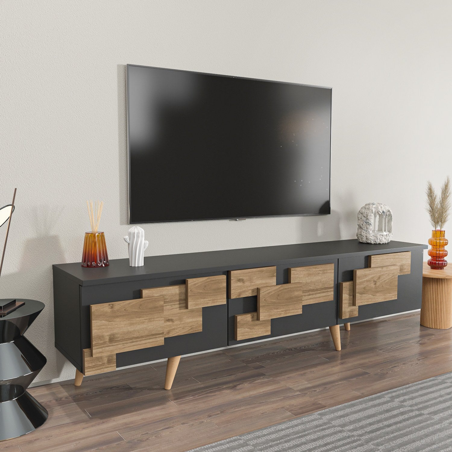 Suporte de TV elegante, antracite e nogueira, 160 x 45 x 35 cm | Painel de partículas 100% revestido de melamina, 18 mm de espessura | Design moderno para salas de estar e espaços de entretenimento