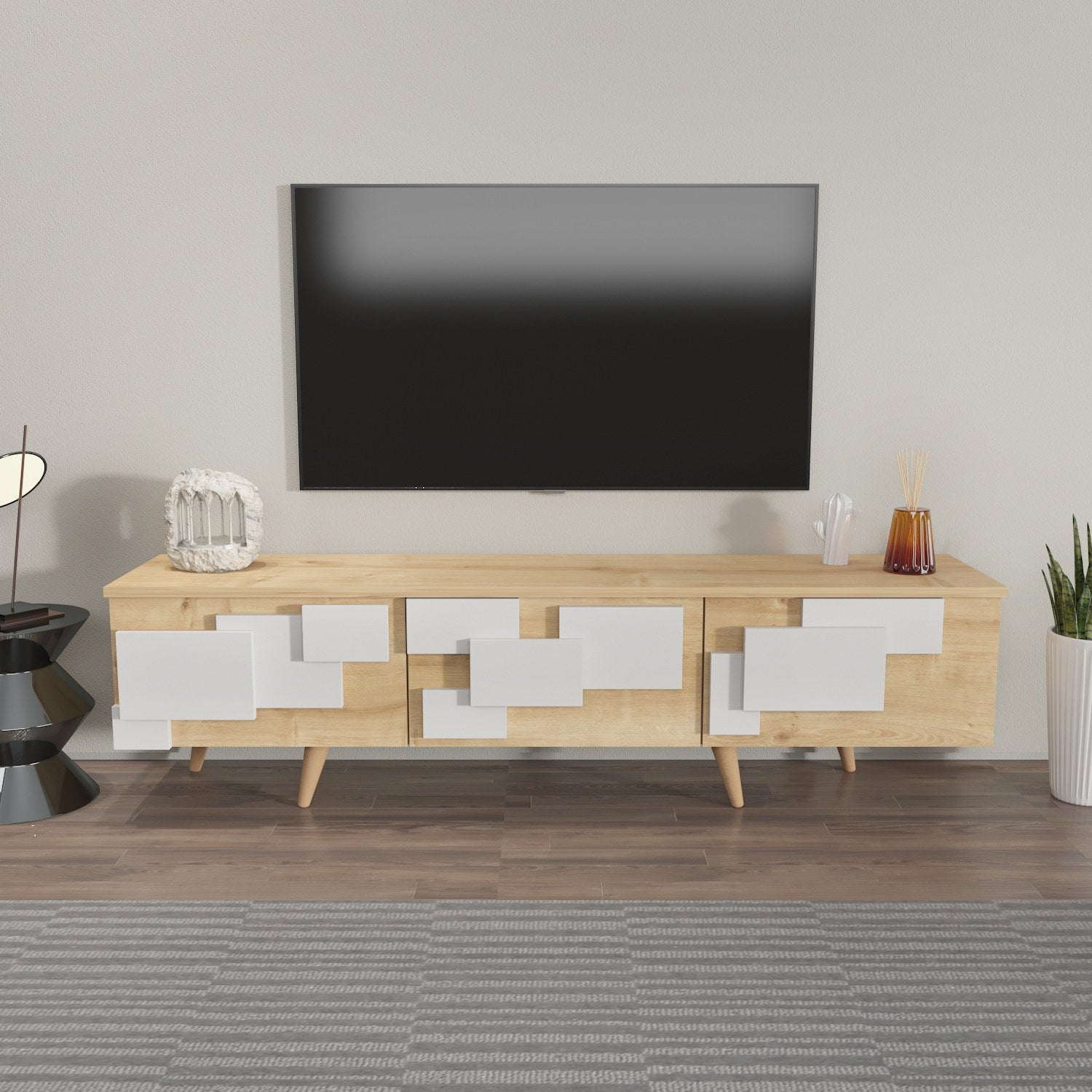 Suporte de TV elegante, carvalho e branco, 160 x 45 x 35 cm | Painel de partículas 100% revestido de melamina, 18 mm de espessura | Design moderno para salas de estar e espaços de entretenimento