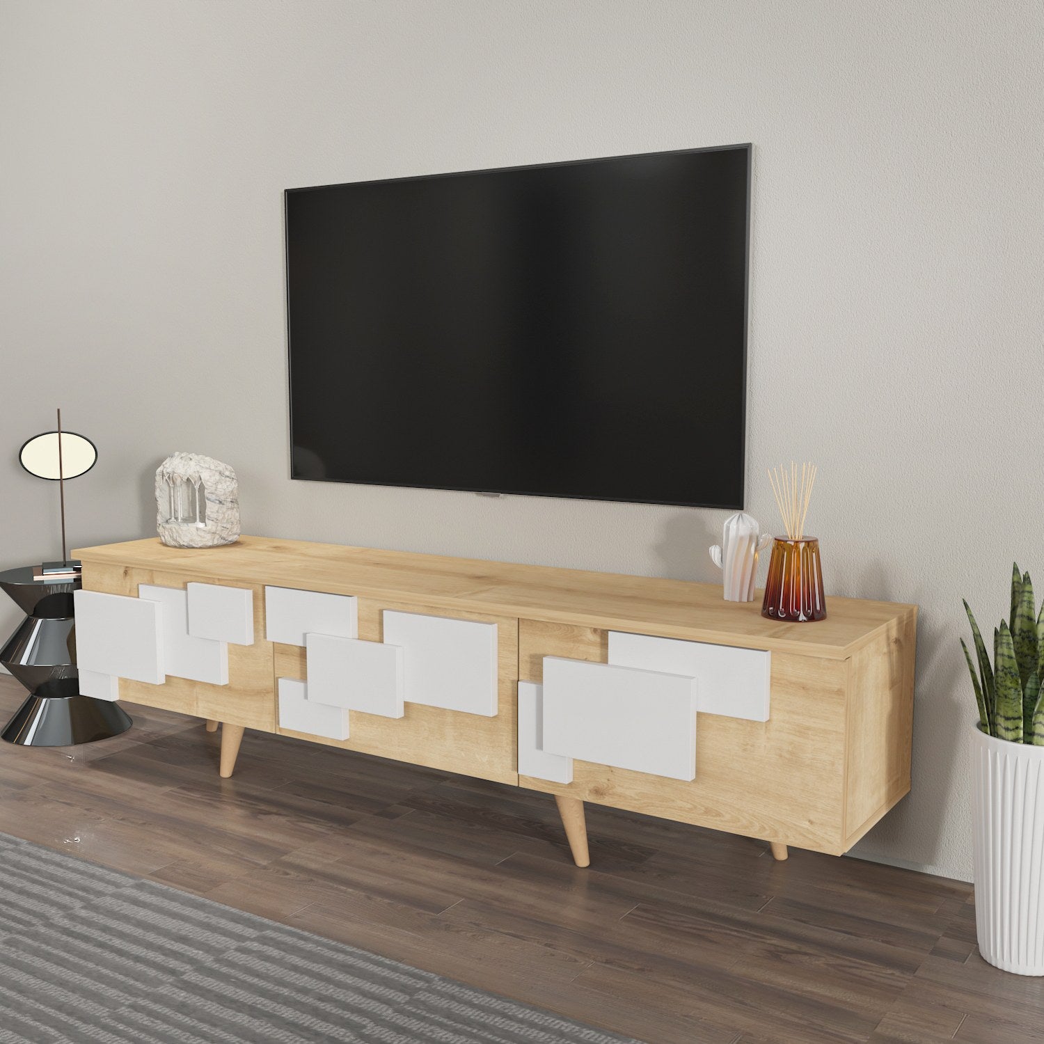 Suporte de TV elegante, carvalho e branco, 160 x 45 x 35 cm | Painel de partículas 100% revestido de melamina, 18 mm de espessura | Design moderno para salas de estar e espaços de entretenimento