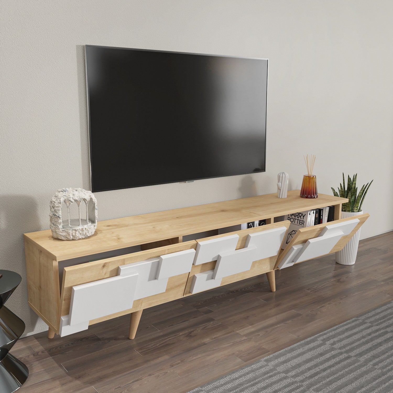 Suporte de TV elegante, carvalho e branco, 160 x 45 x 35 cm | Painel de partículas 100% revestido de melamina, 18 mm de espessura | Design moderno para salas de estar e espaços de entretenimento