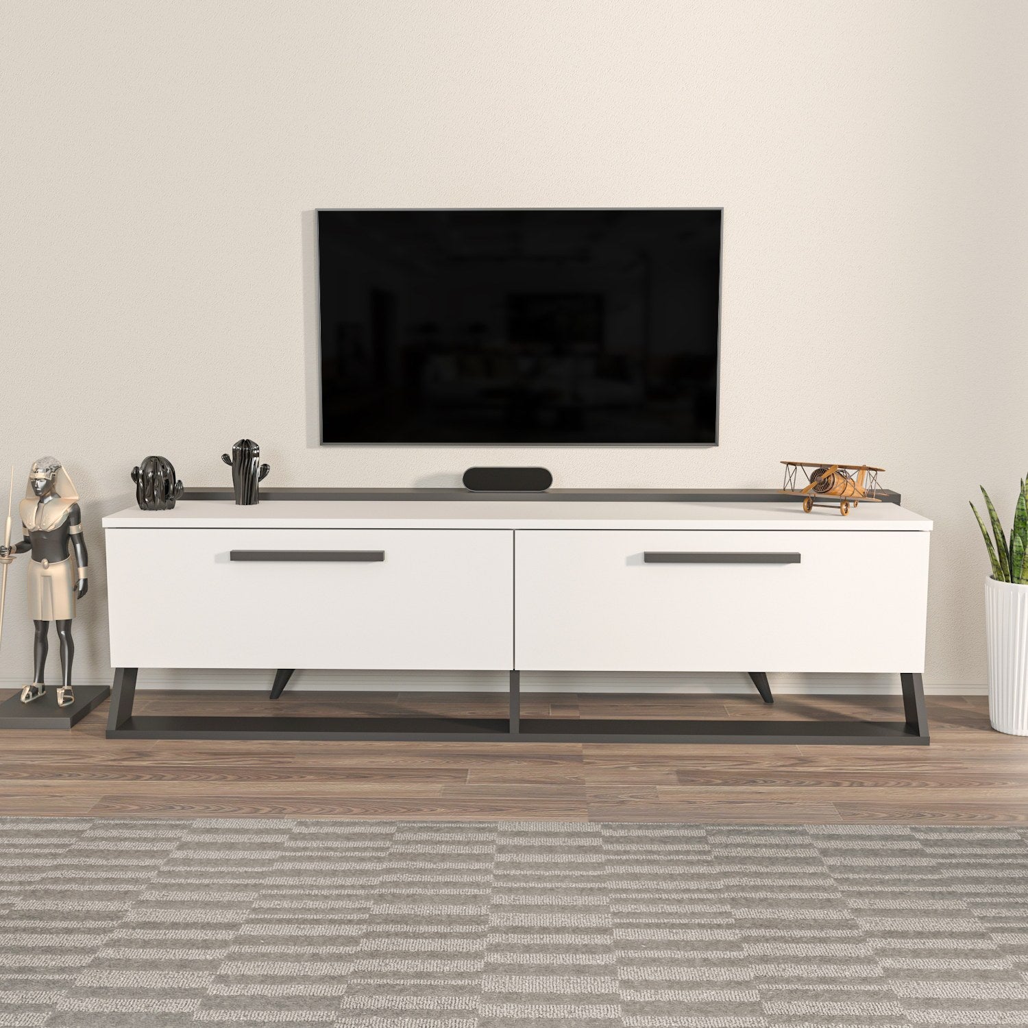 Suporte de TV elegante, branco e preto, 163,8 x 46,8 x 36,6 cm | Painel de partículas 100% revestido de melamina, 18 mm de espessura | Design moderno para salas de estar e espaços de entretenimento