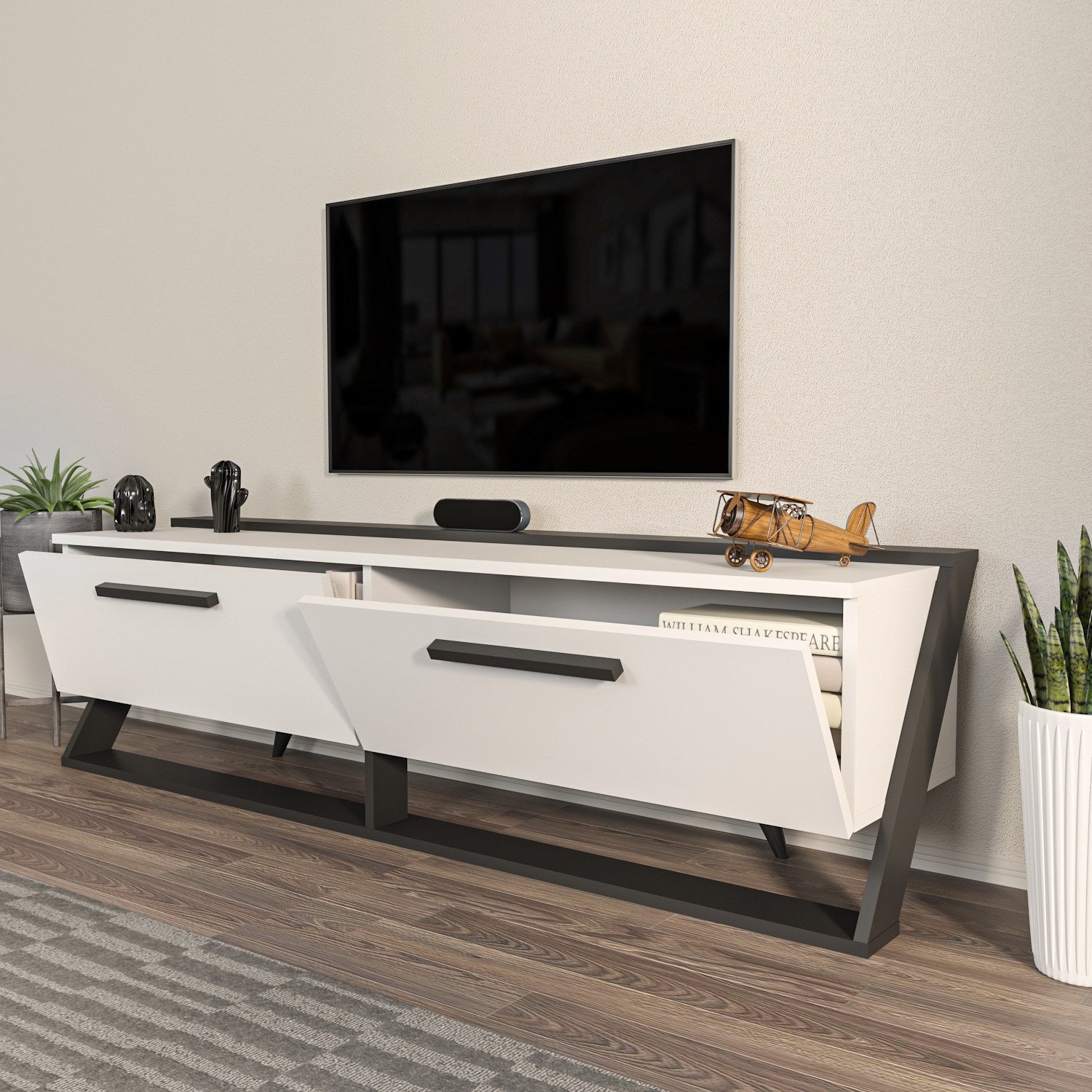 Suporte de TV elegante, branco e preto, 163,8 x 46,8 x 36,6 cm | Painel de partículas 100% revestido de melamina, 18 mm de espessura | Design moderno para salas de estar e espaços de entretenimento
