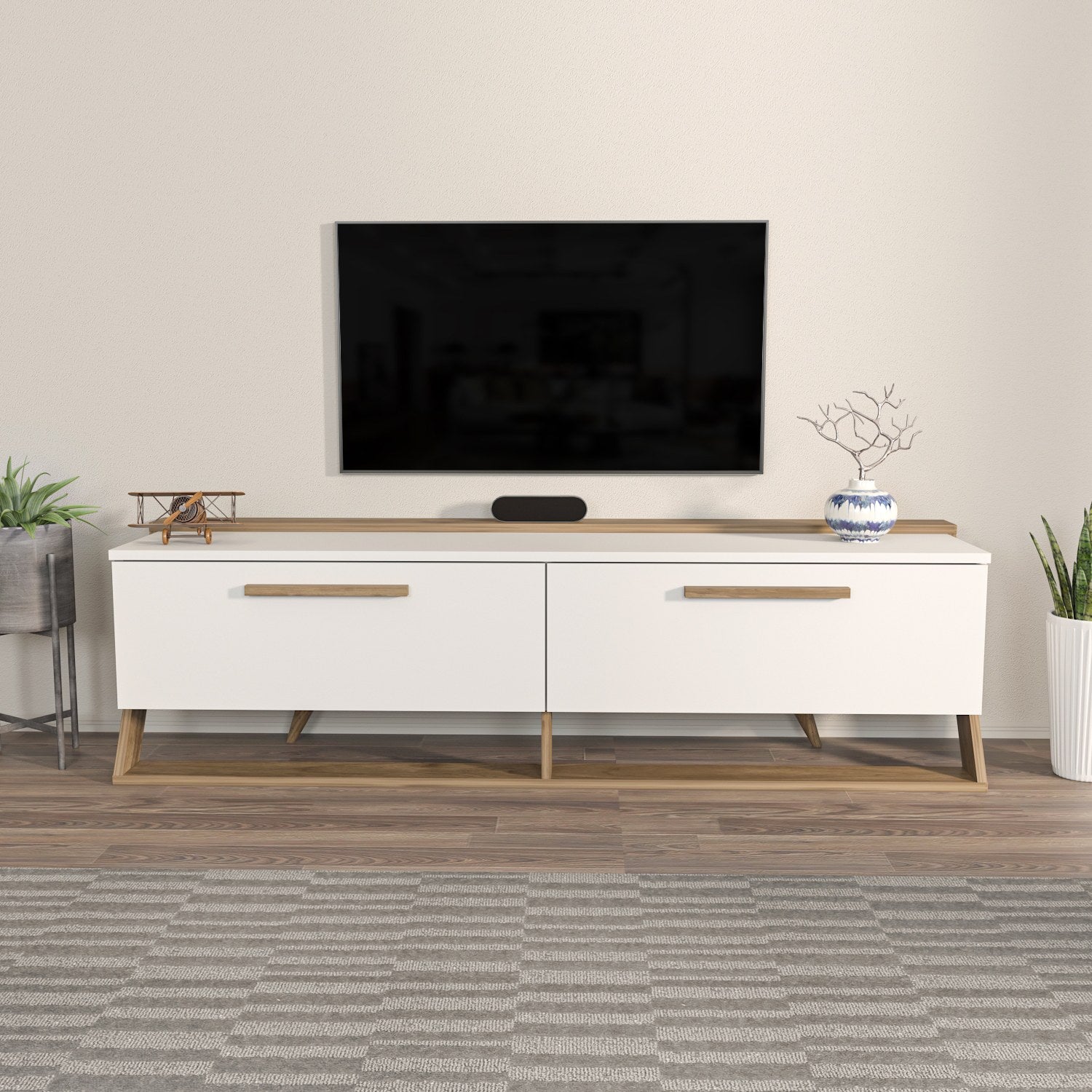 Suporte de TV elegante, branco e nogueira, 163,8 x 46,8 x 36,6 cm | Painel de partículas 100% revestido de melamina, 18 mm de espessura | Design moderno para salas de estar e espaços de entretenimento