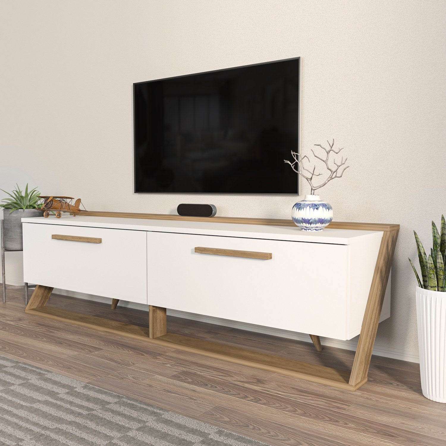 Suporte de TV elegante, branco e nogueira, 163,8 x 46,8 x 36,6 cm | Painel de partículas 100% revestido de melamina, 18 mm de espessura | Design moderno para salas de estar e espaços de entretenimento