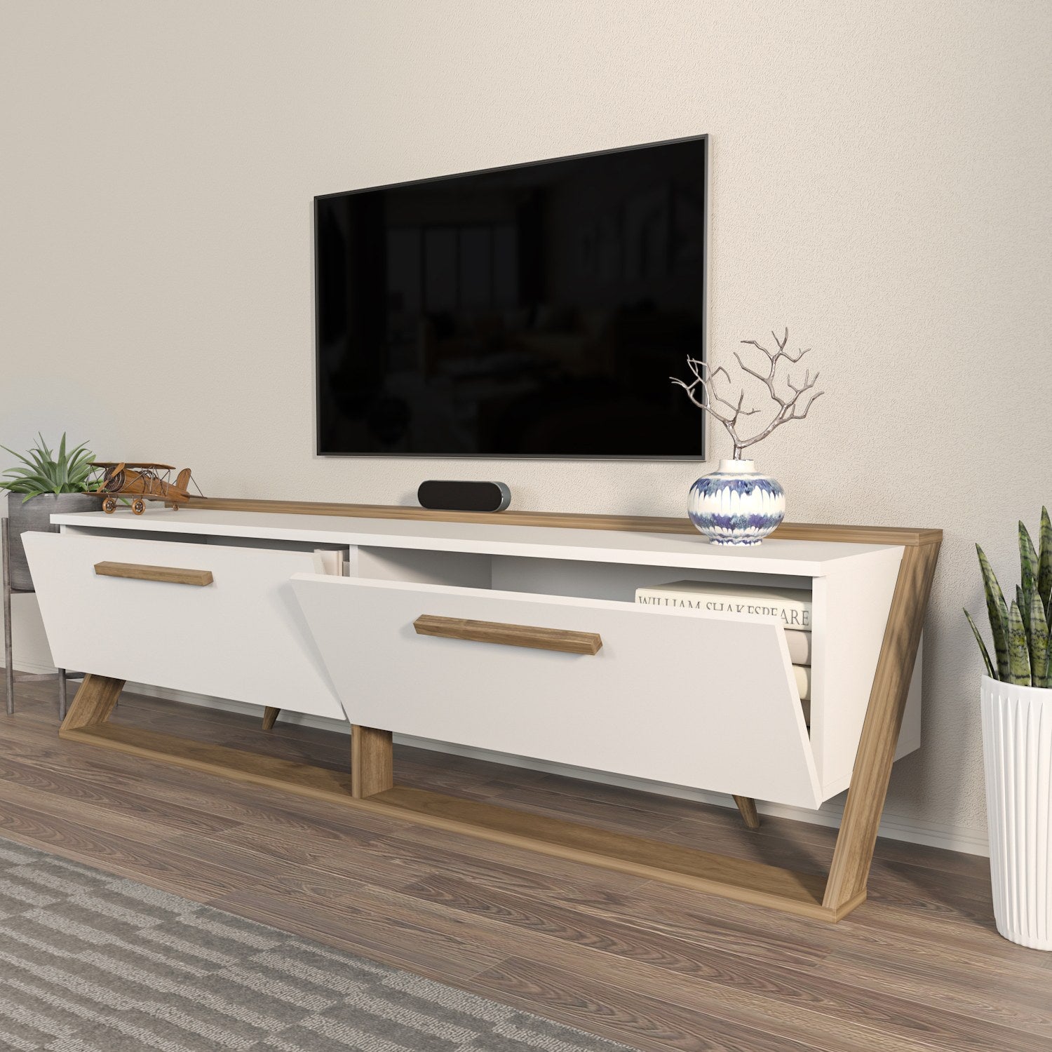 Suporte de TV elegante, branco e nogueira, 163,8 x 46,8 x 36,6 cm | Painel de partículas 100% revestido de melamina, 18 mm de espessura | Design moderno para salas de estar e espaços de entretenimento