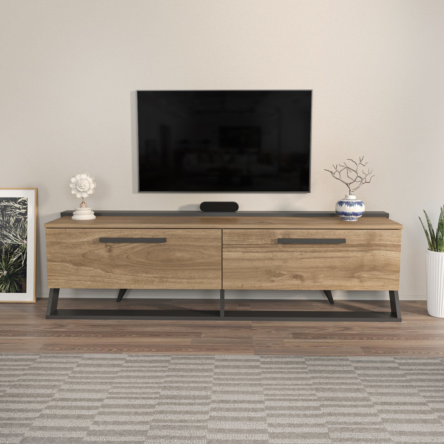 Suporte de TV elegante, nogueira e preto, 163,8 x 46,8 x 36,6 cm | Painel de partículas 100% revestido de melamina, 18 mm de espessura | Design moderno para salas de estar e espaços de entretenimento
