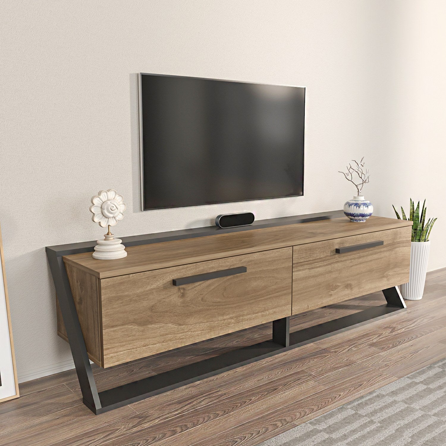 Suporte de TV elegante, nogueira e preto, 163,8 x 46,8 x 36,6 cm | Painel de partículas 100% revestido de melamina, 18 mm de espessura | Design moderno para salas de estar e espaços de entretenimento