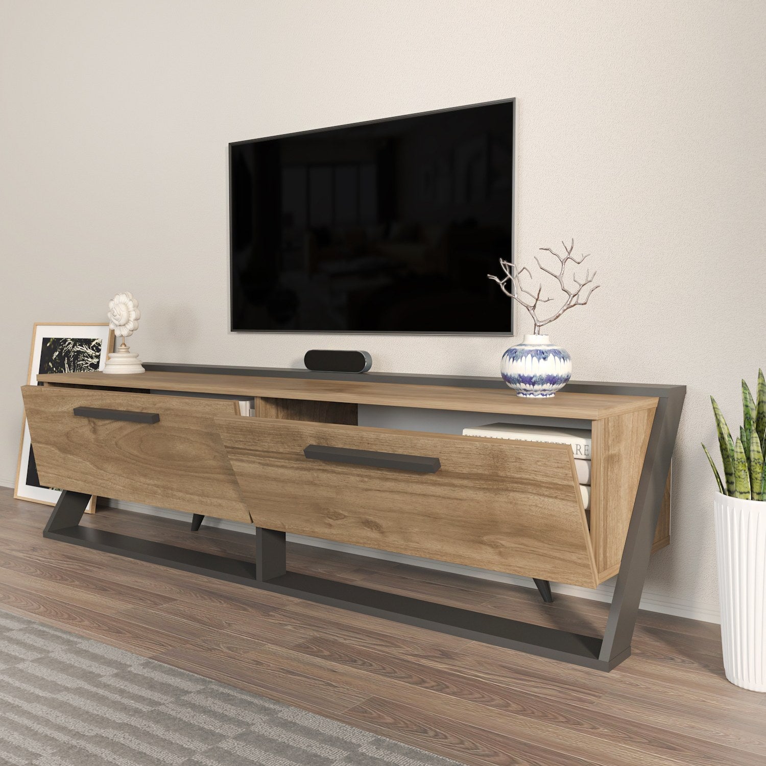 Suporte de TV elegante, nogueira e preto, 163,8 x 46,8 x 36,6 cm | Painel de partículas 100% revestido de melamina, 18 mm de espessura | Design moderno para salas de estar e espaços de entretenimento