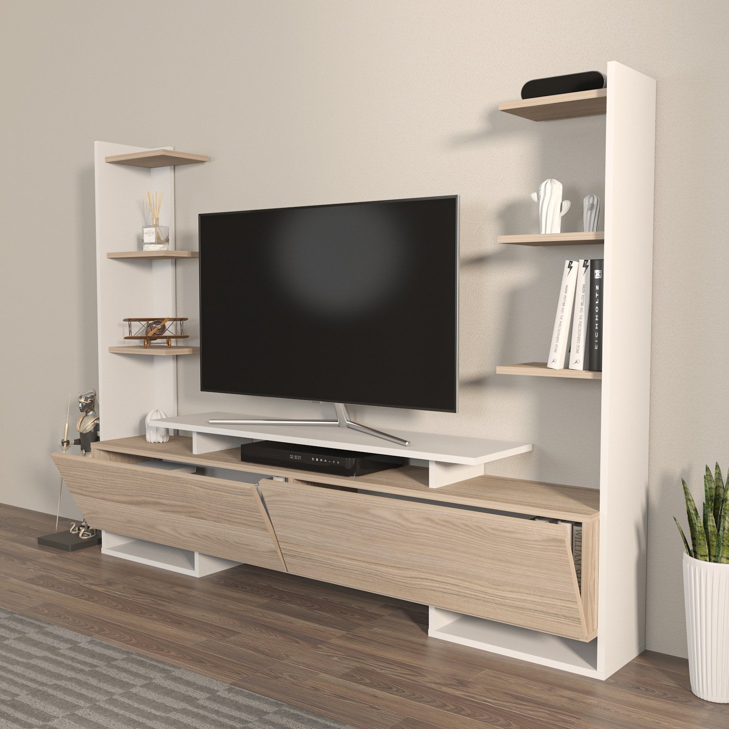 Suporte de TV elegante, branco e carvalho, 183,6 x 140 x 31,7 cm | Painel de partículas 100% revestido de melamina, 18 mm de espessura | Design moderno para salas de estar e espaços de entretenimento