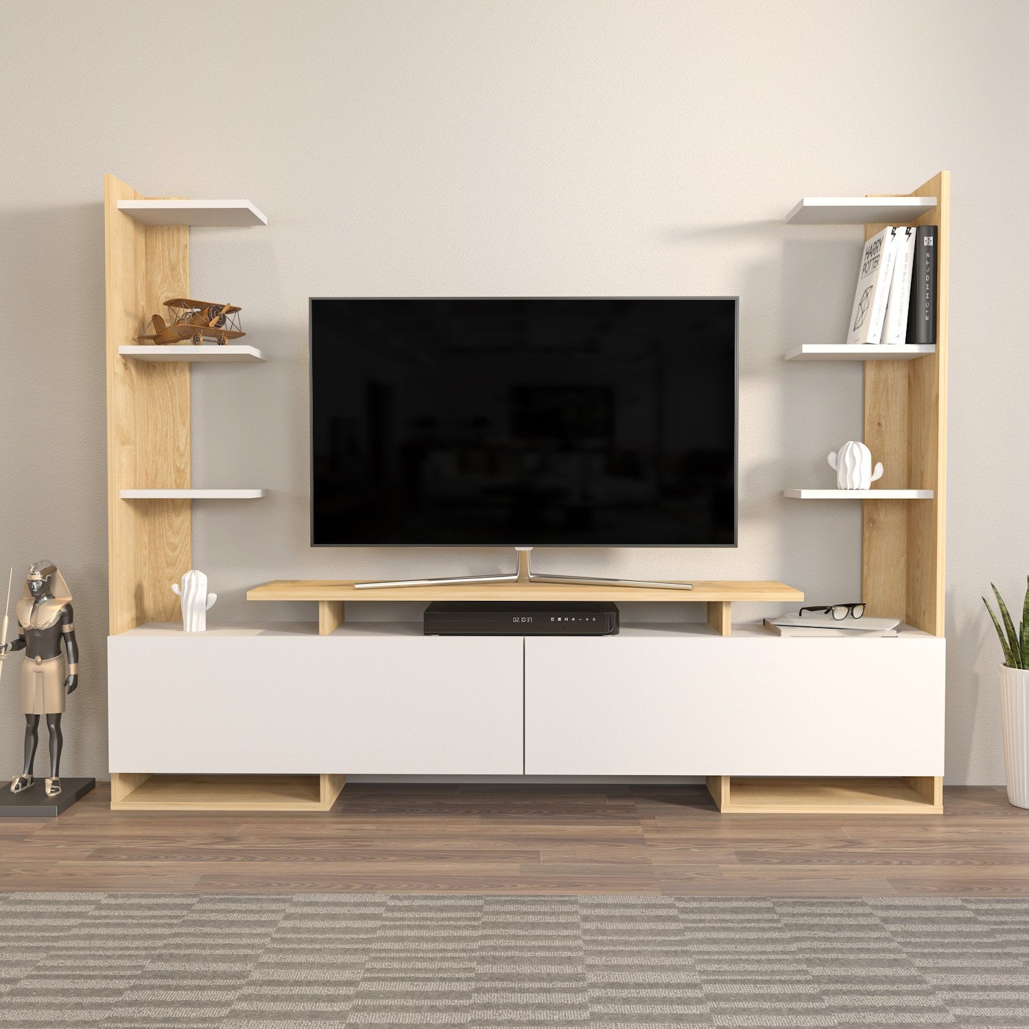 Suporte de TV elegante, branco e carvalho, 183,6 x 140 x 31,7 cm | Painel de partículas 100% revestido de melamina, 18 mm de espessura | Design moderno para salas de estar e espaços de entretenimento