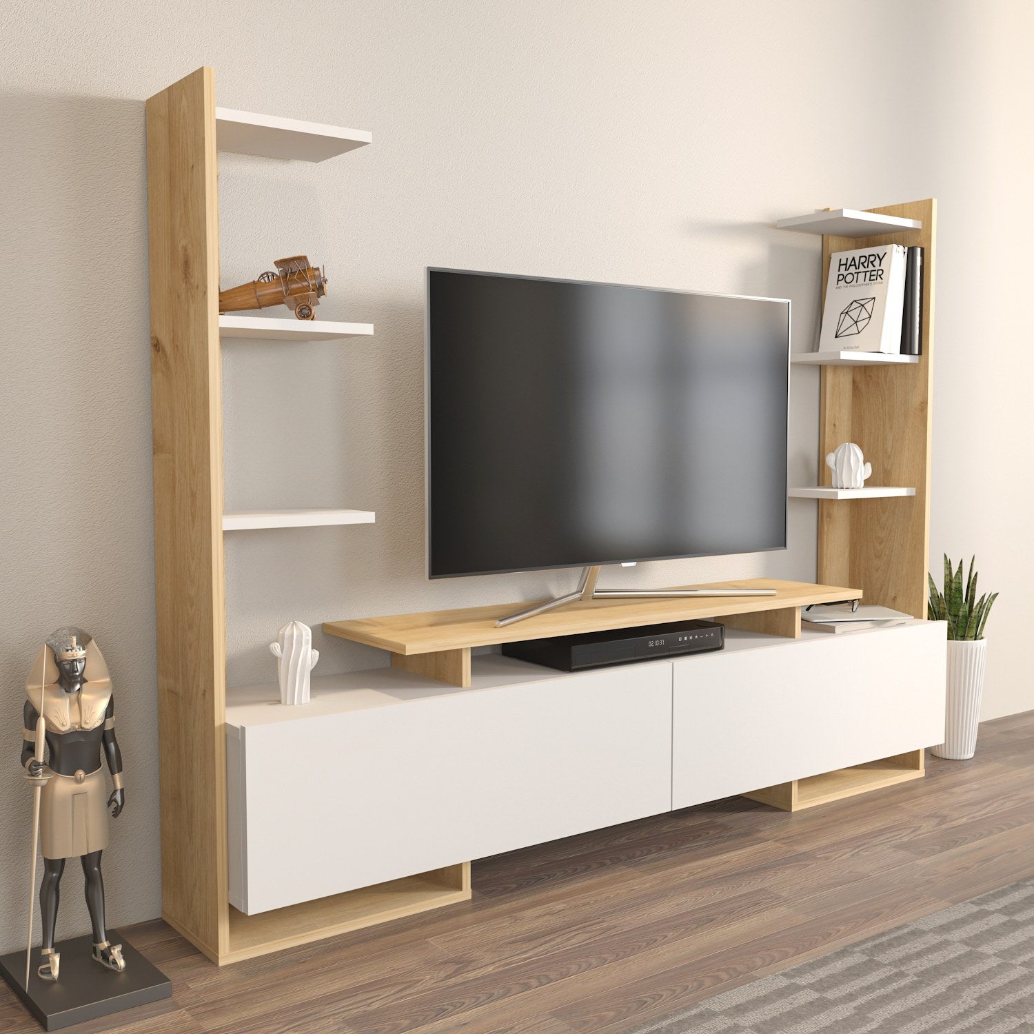 Suporte de TV elegante, branco e carvalho, 183,6 x 140 x 31,7 cm | Painel de partículas 100% revestido de melamina, 18 mm de espessura | Design moderno para salas de estar e espaços de entretenimento