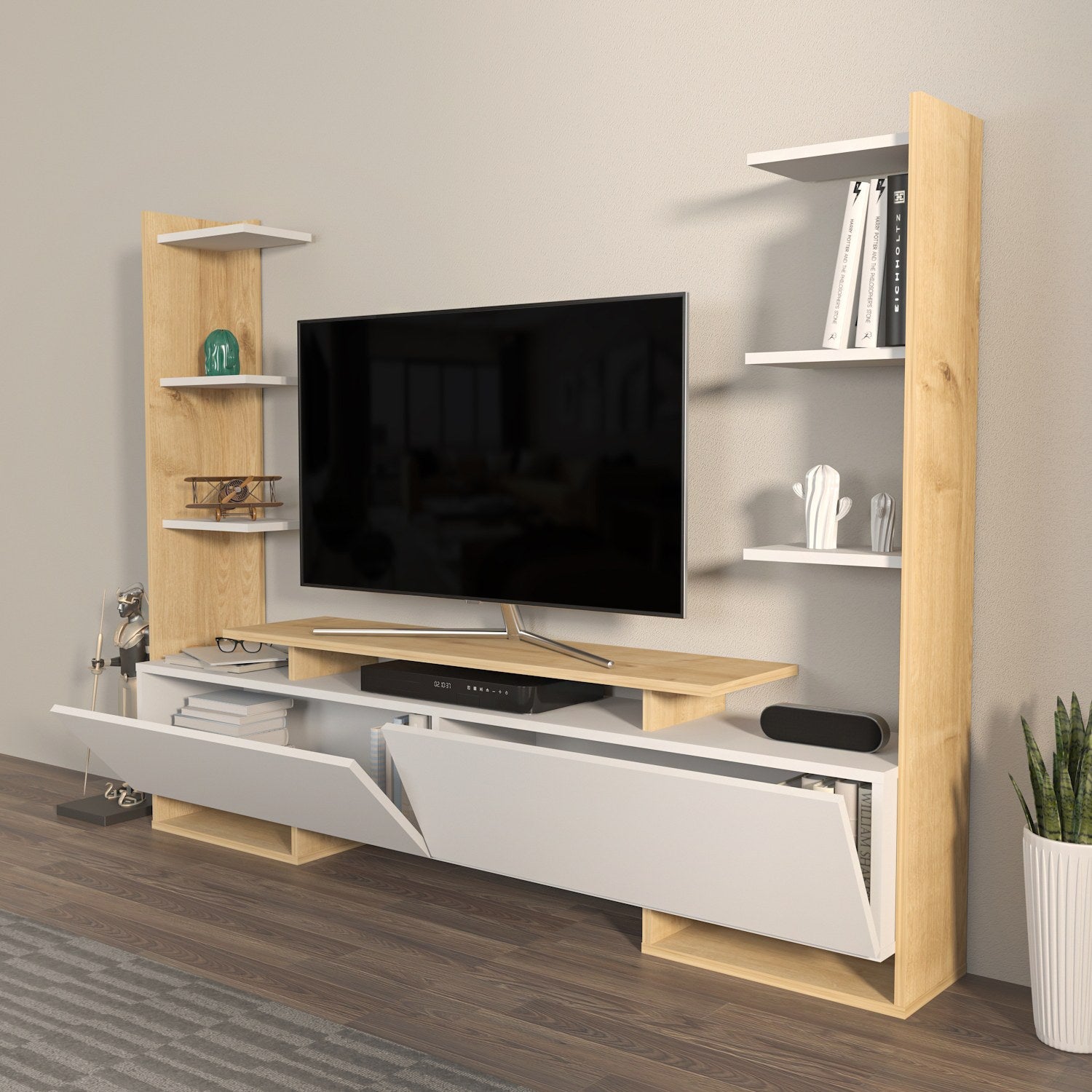 Suporte de TV elegante, branco e carvalho, 183,6 x 140 x 31,7 cm | Painel de partículas 100% revestido de melamina, 18 mm de espessura | Design moderno para salas de estar e espaços de entretenimento