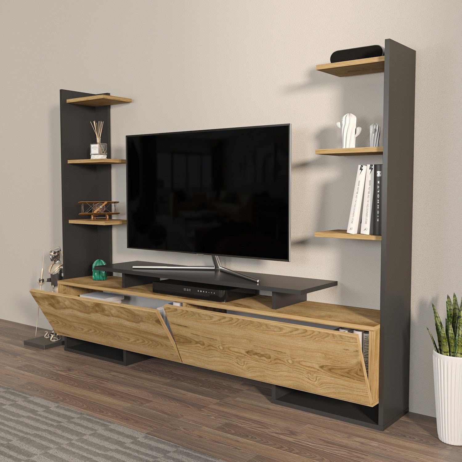 Suporte de TV elegante, carvalho e preto, 183,6 x 140 x 31,7 cm | Painel de partículas 100% revestido de melamina, 18 mm de espessura | Design moderno para salas de estar e espaços de entretenimento