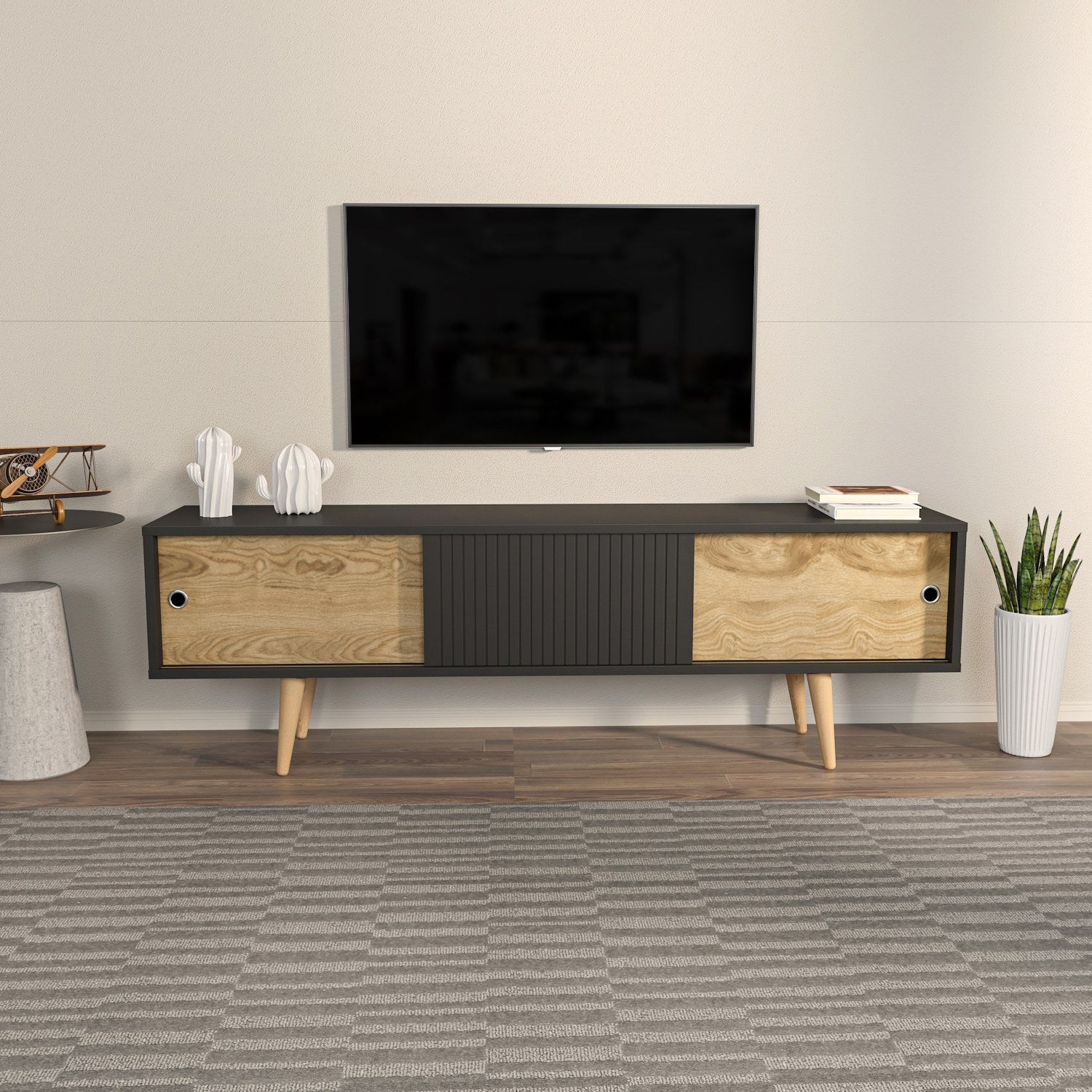 Suporte de TV elegante, antracite e carvalho, 160 x 45 x 34,5 cm | Painel de partículas 100% revestido de melamina, 18 mm de espessura | Design moderno para salas de estar e espaços de entretenimento