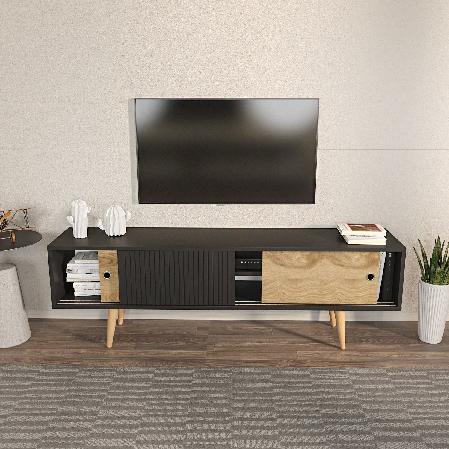 Suporte de TV elegante, antracite e carvalho, 160 x 45 x 34,5 cm | Painel de partículas 100% revestido de melamina, 18 mm de espessura | Design moderno para salas de estar e espaços de entretenimento