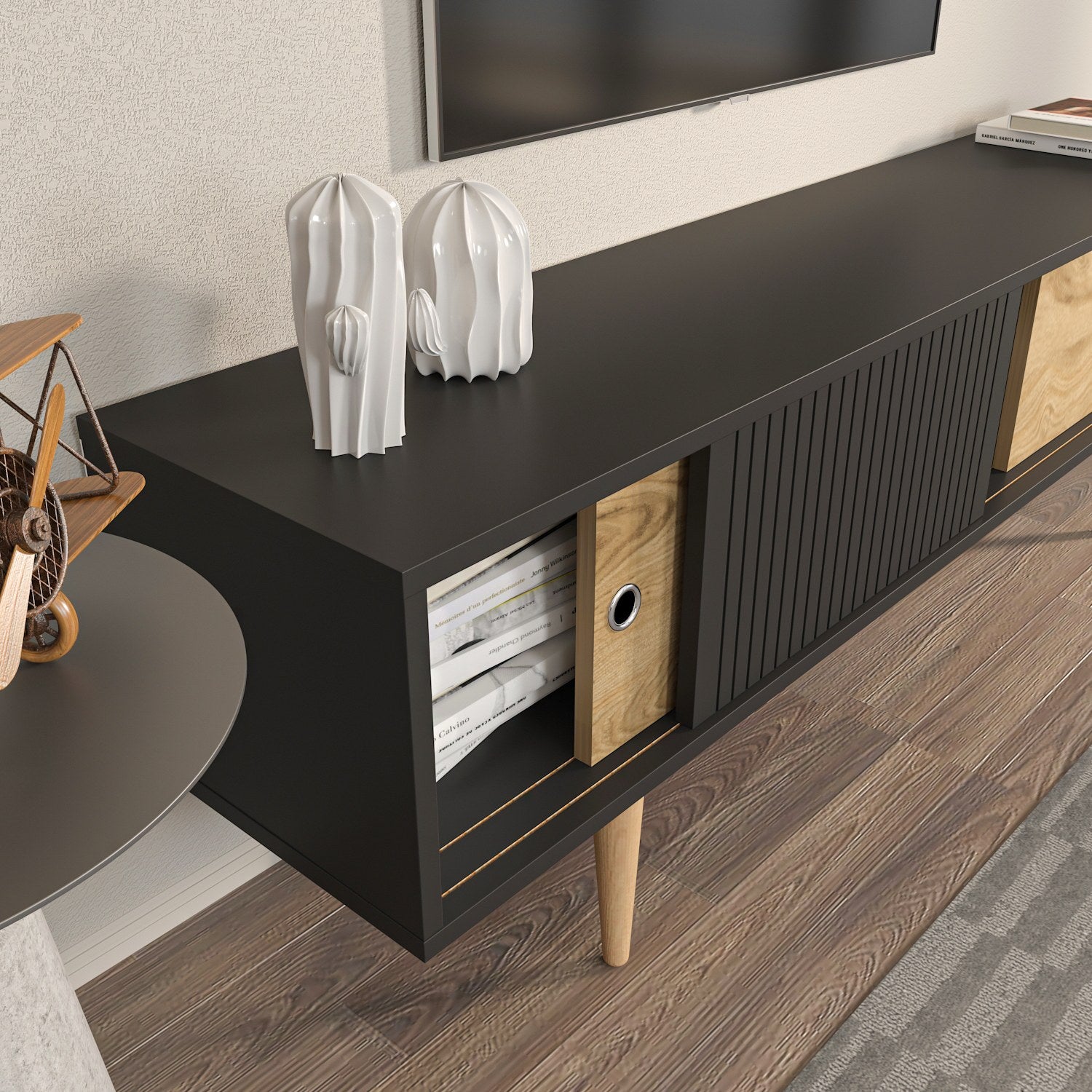 Suporte de TV elegante, antracite e carvalho, 160 x 45 x 34,5 cm | Painel de partículas 100% revestido de melamina, 18 mm de espessura | Design moderno para salas de estar e espaços de entretenimento