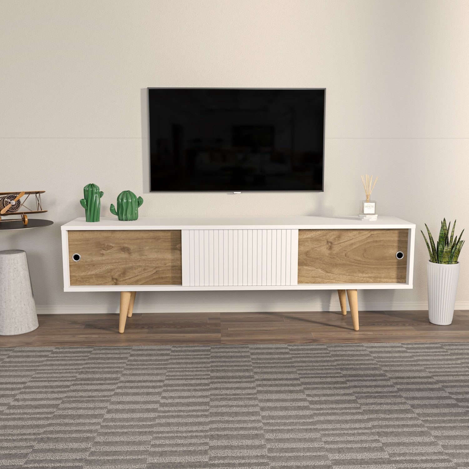 Suporte de TV elegante, branco e nogueira, 160 cm x 45 cm x 34,5 cm | Painel de partículas 100% revestido de melamina, 18 mm de espessura | Design moderno para sala de estar