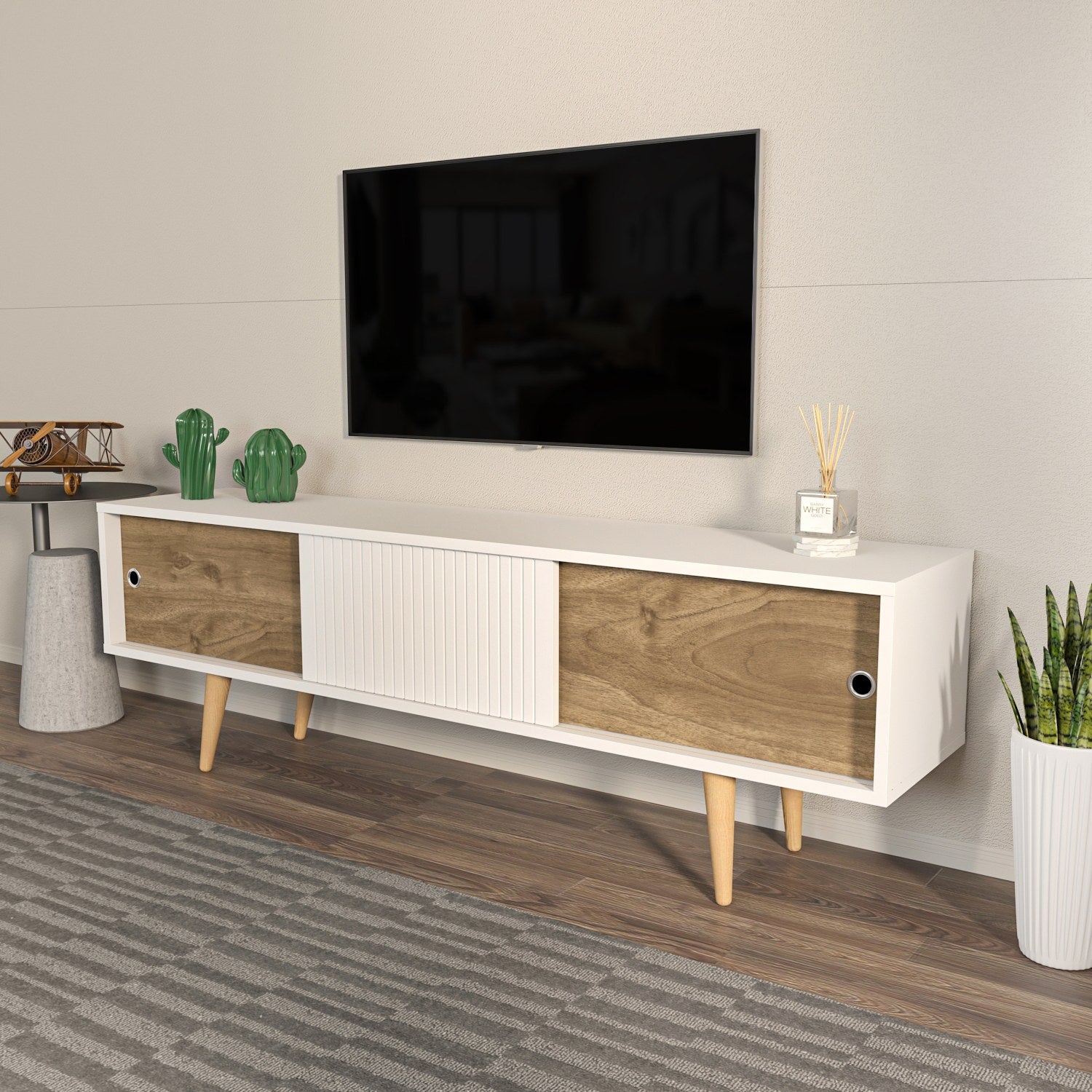 Suporte de TV elegante, branco e nogueira, 160 cm x 45 cm x 34,5 cm | Painel de partículas 100% revestido de melamina, 18 mm de espessura | Design moderno para sala de estar