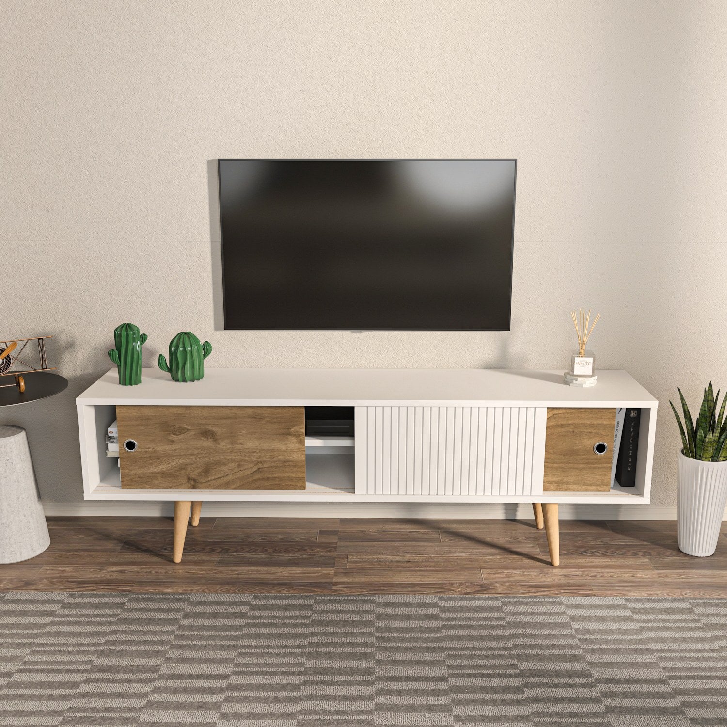 Suporte de TV elegante, branco e nogueira, 160 cm x 45 cm x 34,5 cm | Painel de partículas 100% revestido de melamina, 18 mm de espessura | Design moderno para sala de estar