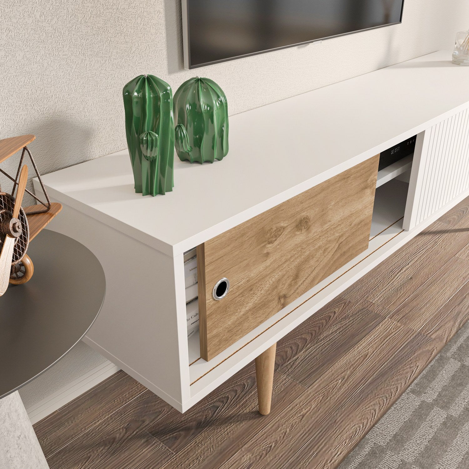 Suporte de TV elegante, branco e nogueira, 160 cm x 45 cm x 34,5 cm | Painel de partículas 100% revestido de melamina, 18 mm de espessura | Design moderno para sala de estar