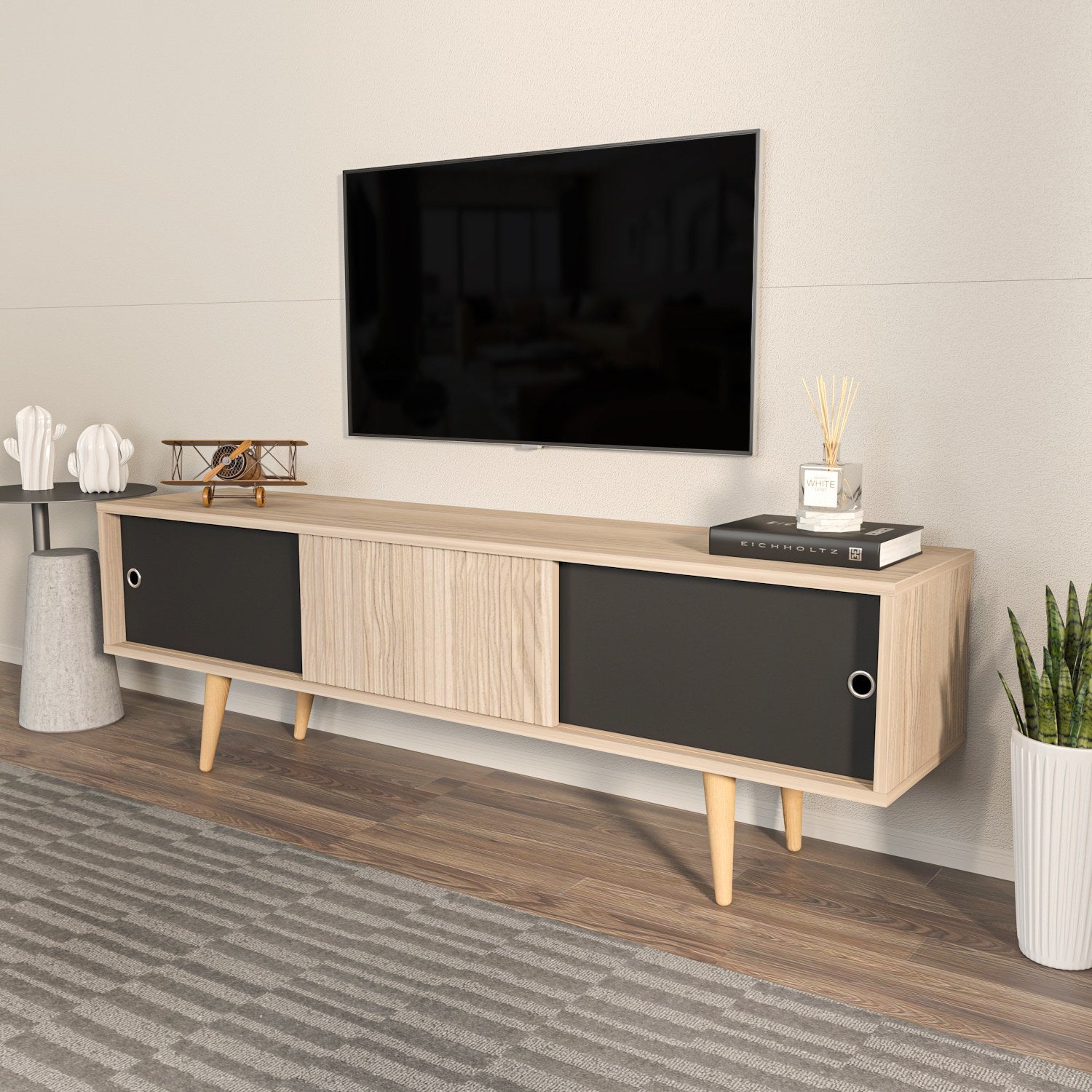 Suporte de TV elegante, carvalho e preto, 160 cm x 45 cm x 34,5 cm | Painel de partículas 100% revestido de melamina, 18 mm de espessura | Design moderno para salas de estar e espaços de entretenimento