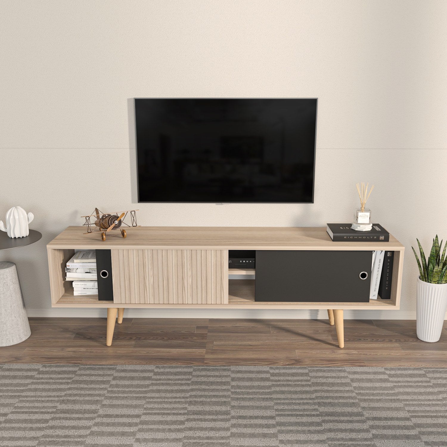 Suporte de TV elegante, carvalho e preto, 160 cm x 45 cm x 34,5 cm | Painel de partículas 100% revestido de melamina, 18 mm de espessura | Design moderno para salas de estar e espaços de entretenimento