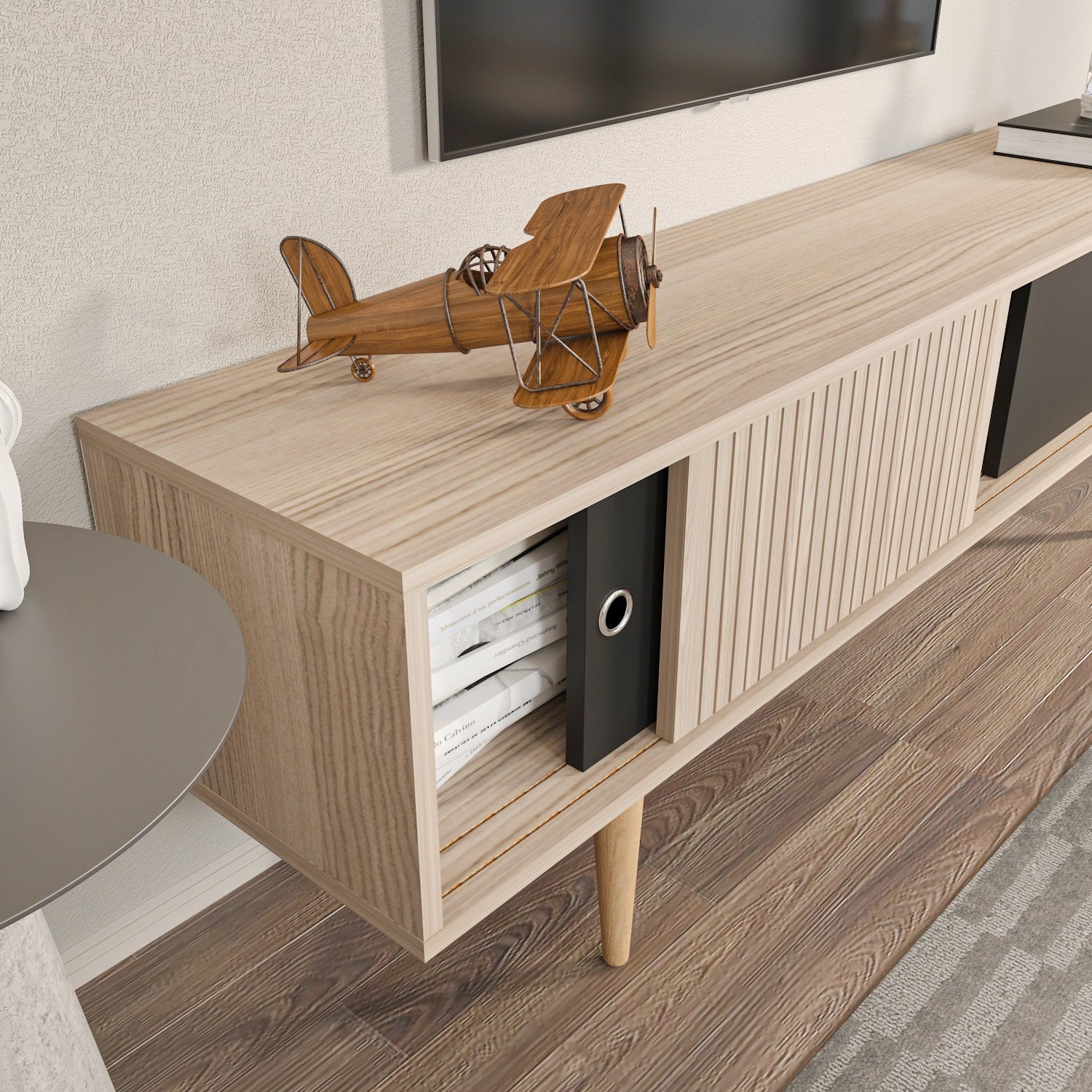 Suporte de TV elegante, carvalho e preto, 160 cm x 45 cm x 34,5 cm | Painel de partículas 100% revestido de melamina, 18 mm de espessura | Design moderno para salas de estar e espaços de entretenimento