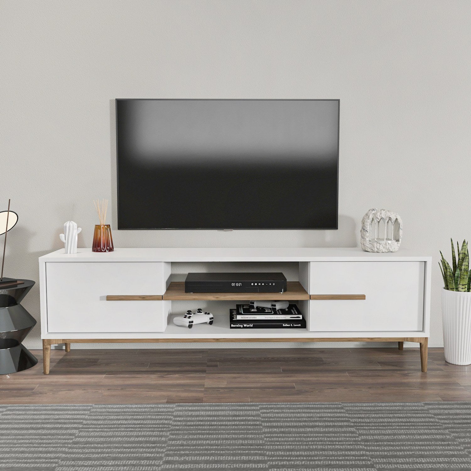 Suporte de TV elegante, branco e nogueira, 120 cm x 43,6 cm x 29,6 cm | Painel de partículas 100% revestido de melamina, 18 mm de espessura | Design moderno para salas de estar e espaços de entretenimento