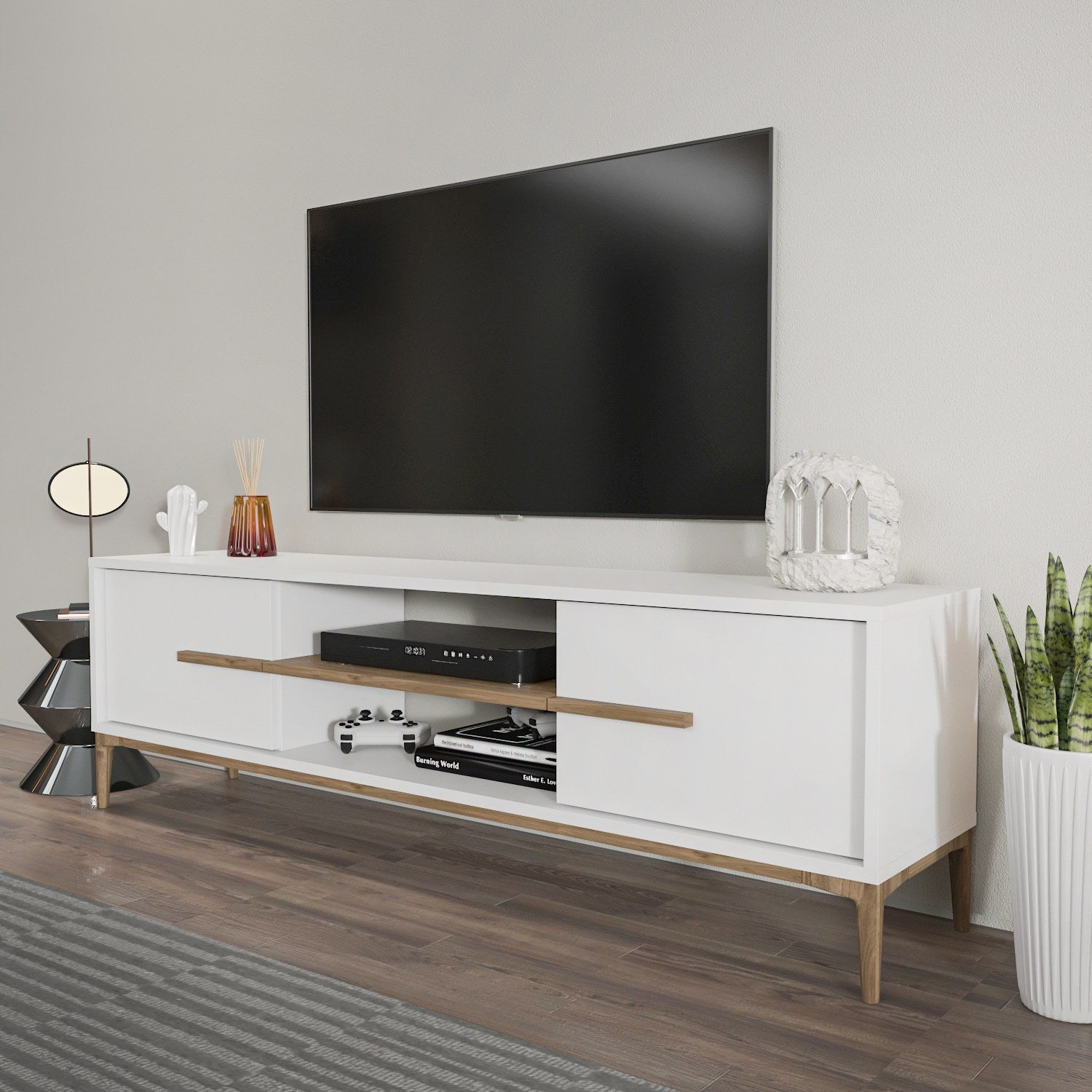 Suporte de TV elegante, branco e nogueira, 120 cm x 43,6 cm x 29,6 cm | Painel de partículas 100% revestido de melamina, 18 mm de espessura | Design moderno para salas de estar e espaços de entretenimento