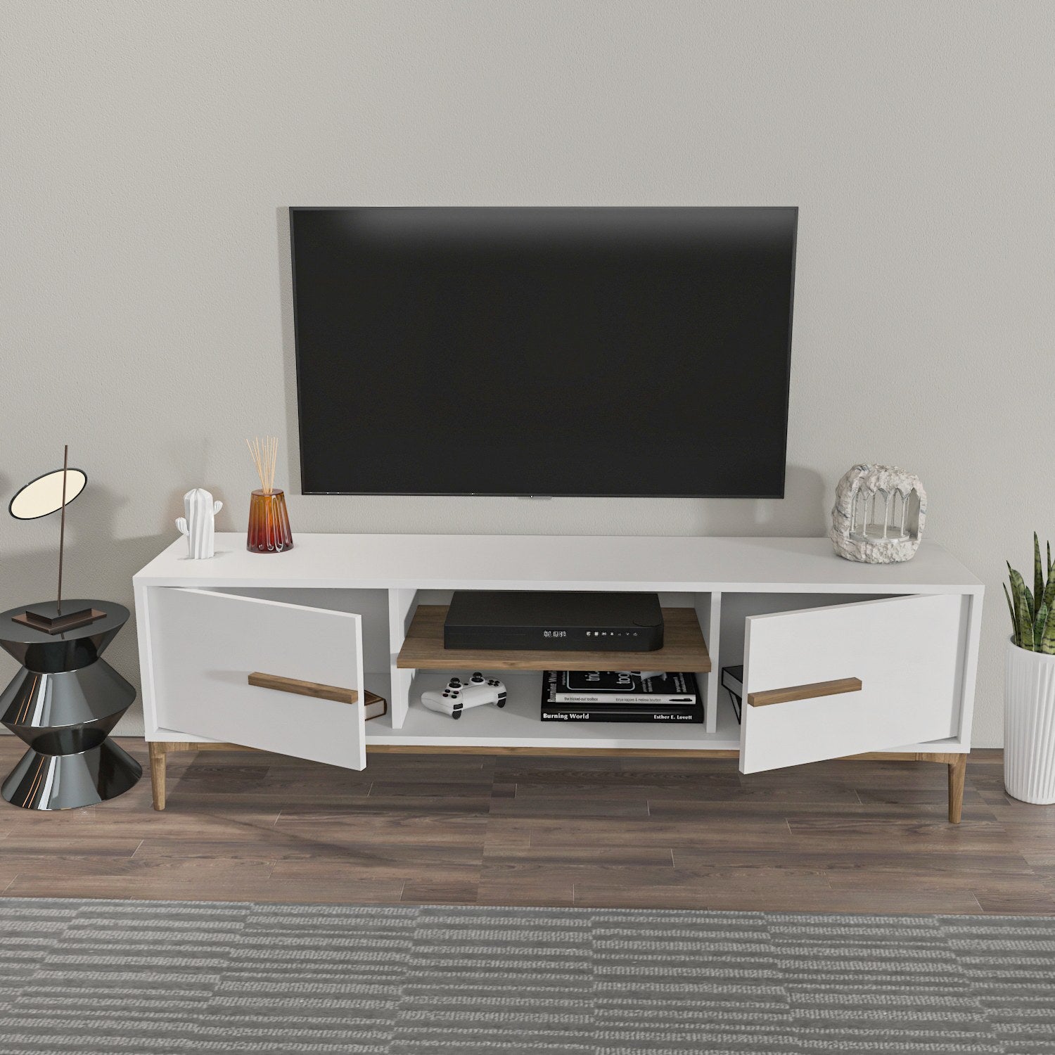 Suporte de TV elegante, branco e nogueira, 120 cm x 43,6 cm x 29,6 cm | Painel de partículas 100% revestido de melamina, 18 mm de espessura | Design moderno para salas de estar e espaços de entretenimento