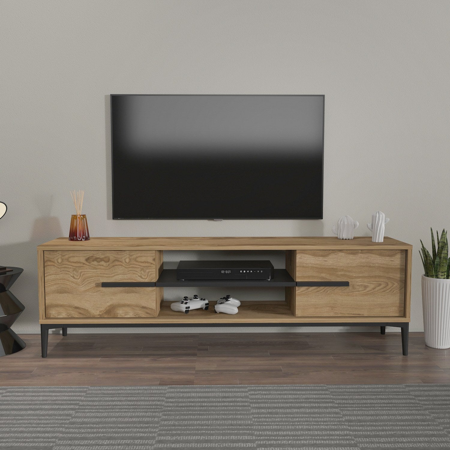 Suporte de TV elegante, carvalho e preto, 120 x 43,6 x 29,6 cm | Painel de partículas 100% revestido de melamina, 18 mm de espessura | Design moderno para salas de estar e espaços de entretenimento