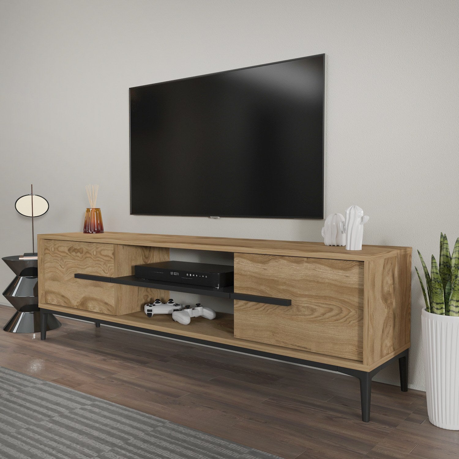 Suporte de TV elegante, carvalho e preto, 120 x 43,6 x 29,6 cm | Painel de partículas 100% revestido de melamina, 18 mm de espessura | Design moderno para salas de estar e espaços de entretenimento