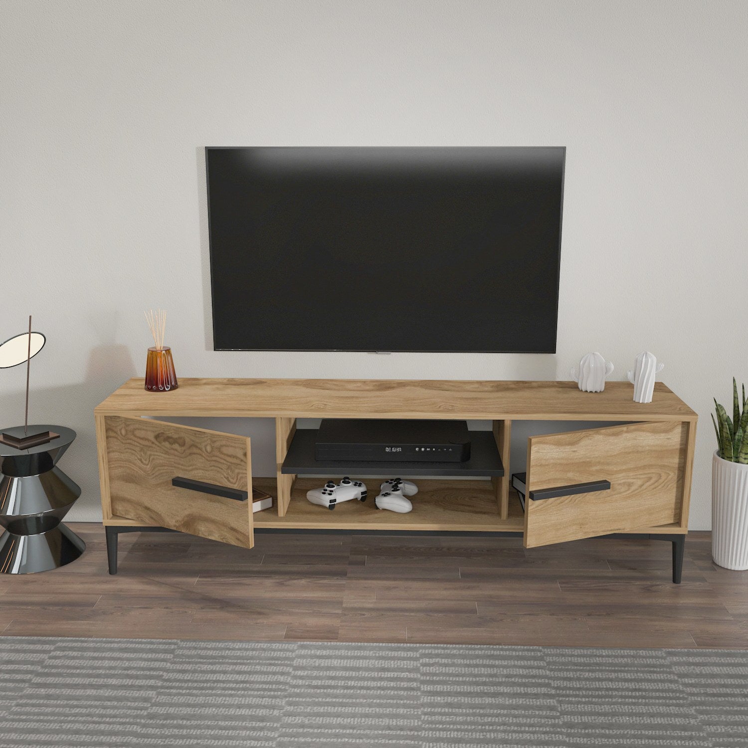 Suporte de TV elegante, carvalho e preto, 120 x 43,6 x 29,6 cm | Painel de partículas 100% revestido de melamina, 18 mm de espessura | Design moderno para salas de estar e espaços de entretenimento