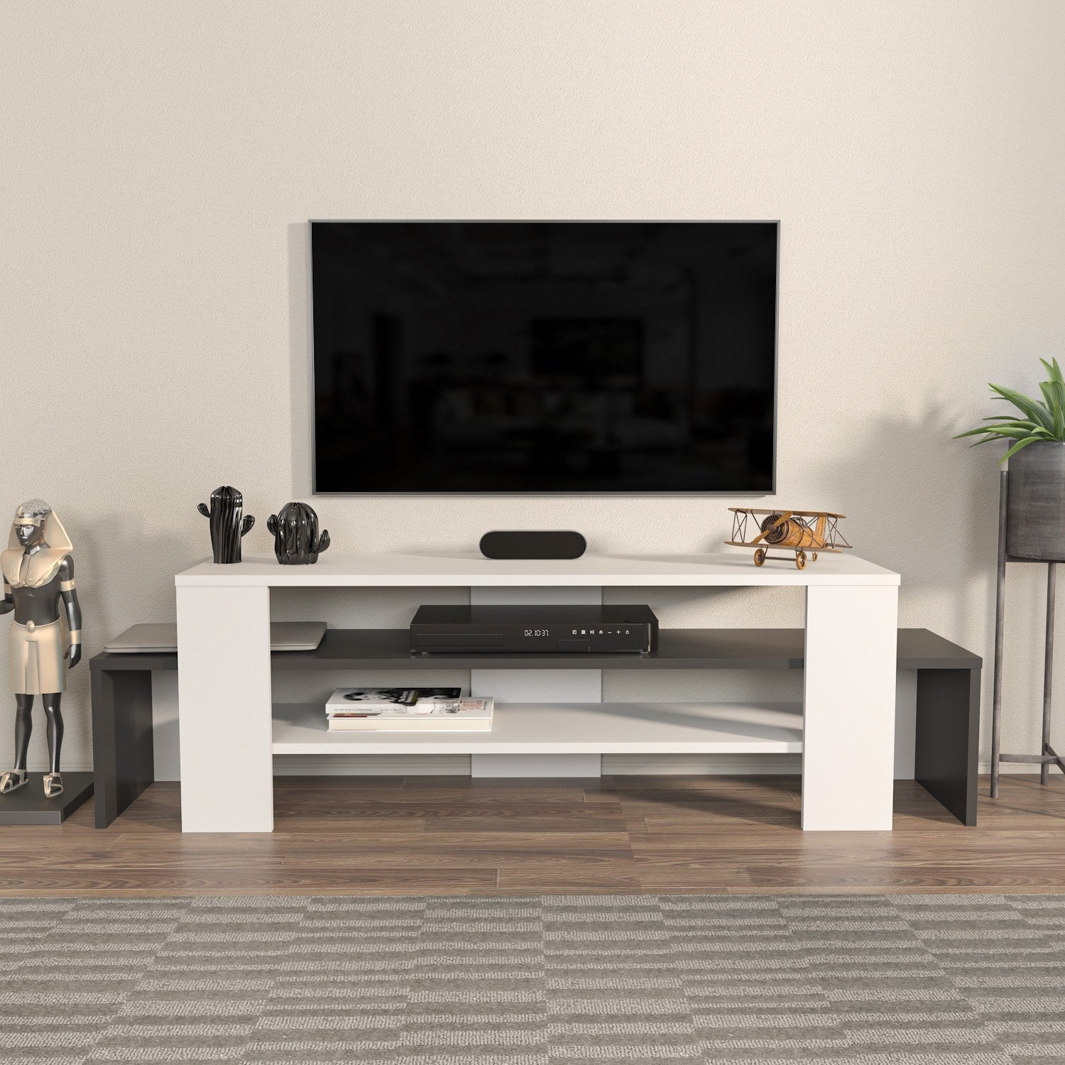 Suporte de TV elegante, 150 cm de largura, branco e antracite | Painel de partículas 100% revestido de melamina, 18 mm de espessura | Design moderno para salas de estar e espaços de entretenimento